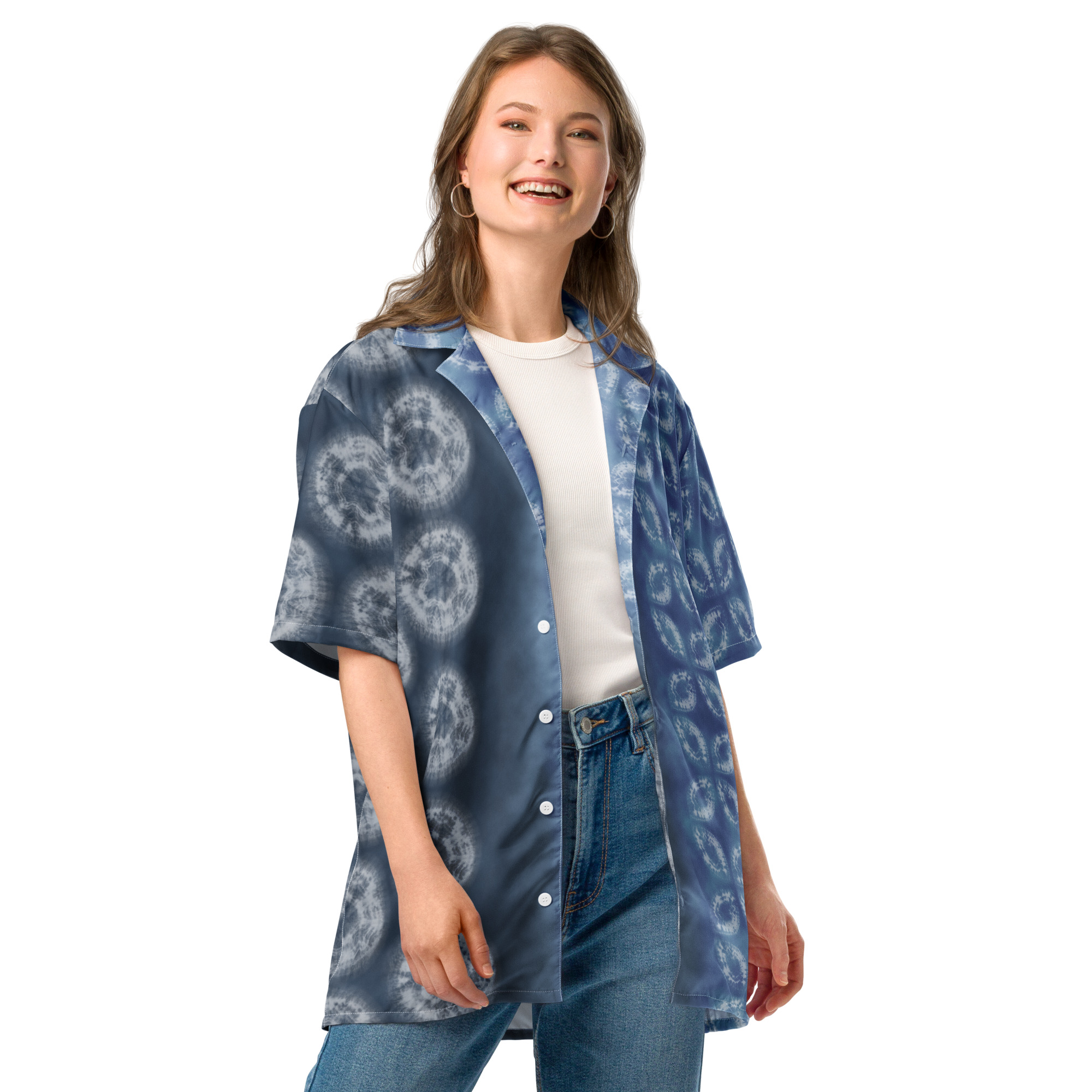 Indigo Shibori-Inspired Hawaiian Shirt Bold Gradient All-Over Print - Image 9