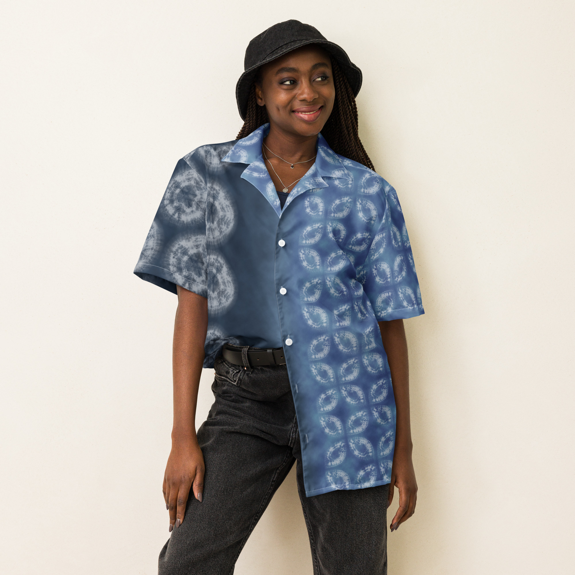 Indigo Shibori-Inspired Hawaiian Shirt Bold Gradient All-Over Print - Image 6