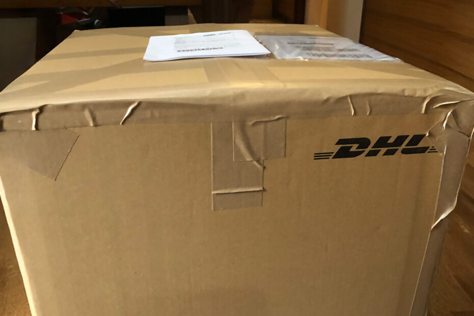 Brown box with DHL logo