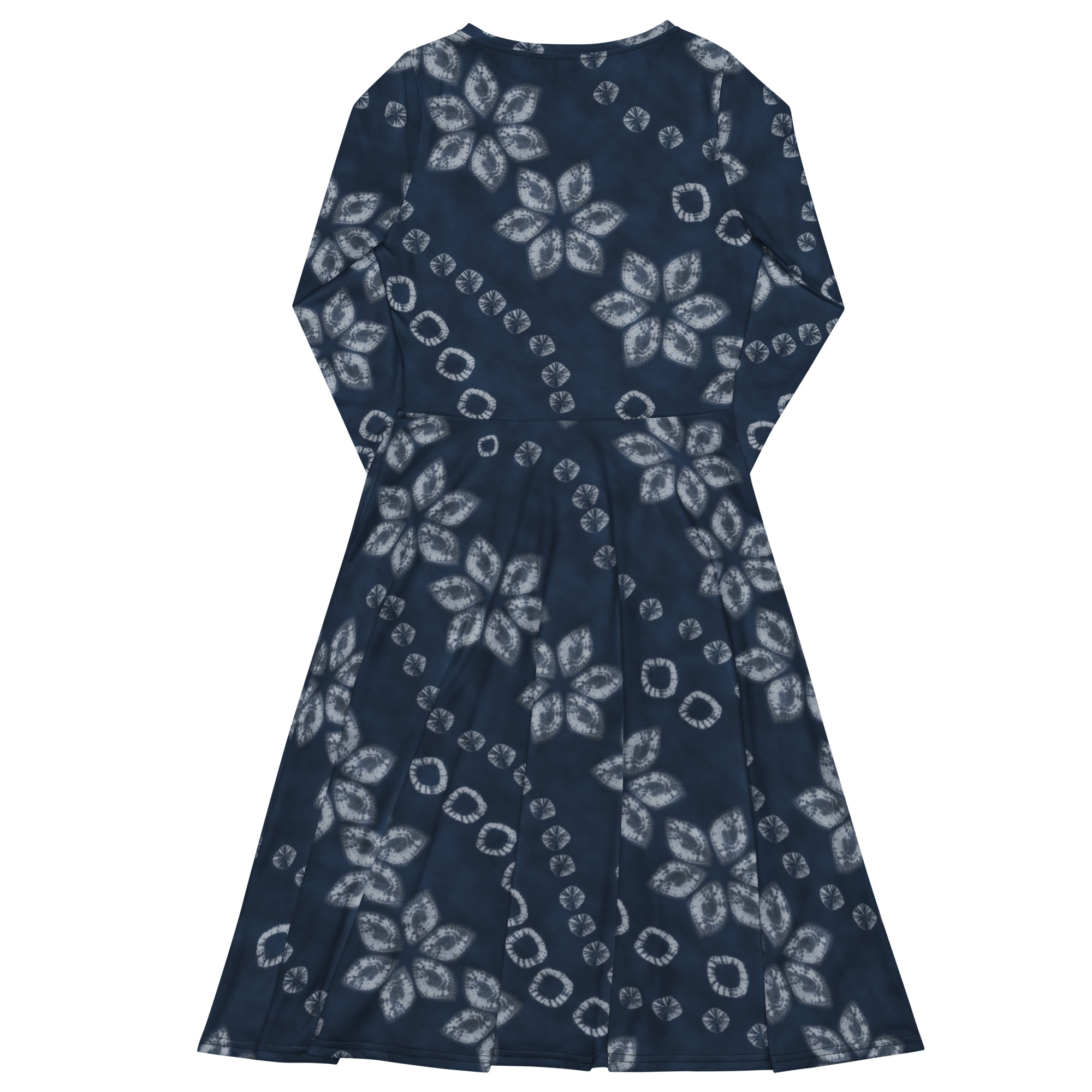 Indigo Shibori-Inspired Long Sleeve Flare Dress – Composed All-Over Print - Image 3