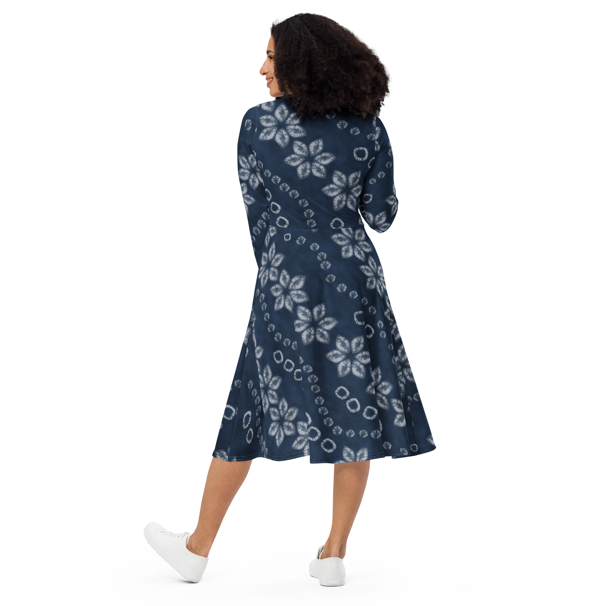 Indigo Shibori-Inspired Long Sleeve Flare Dress – Composed All-Over Print - Image 5