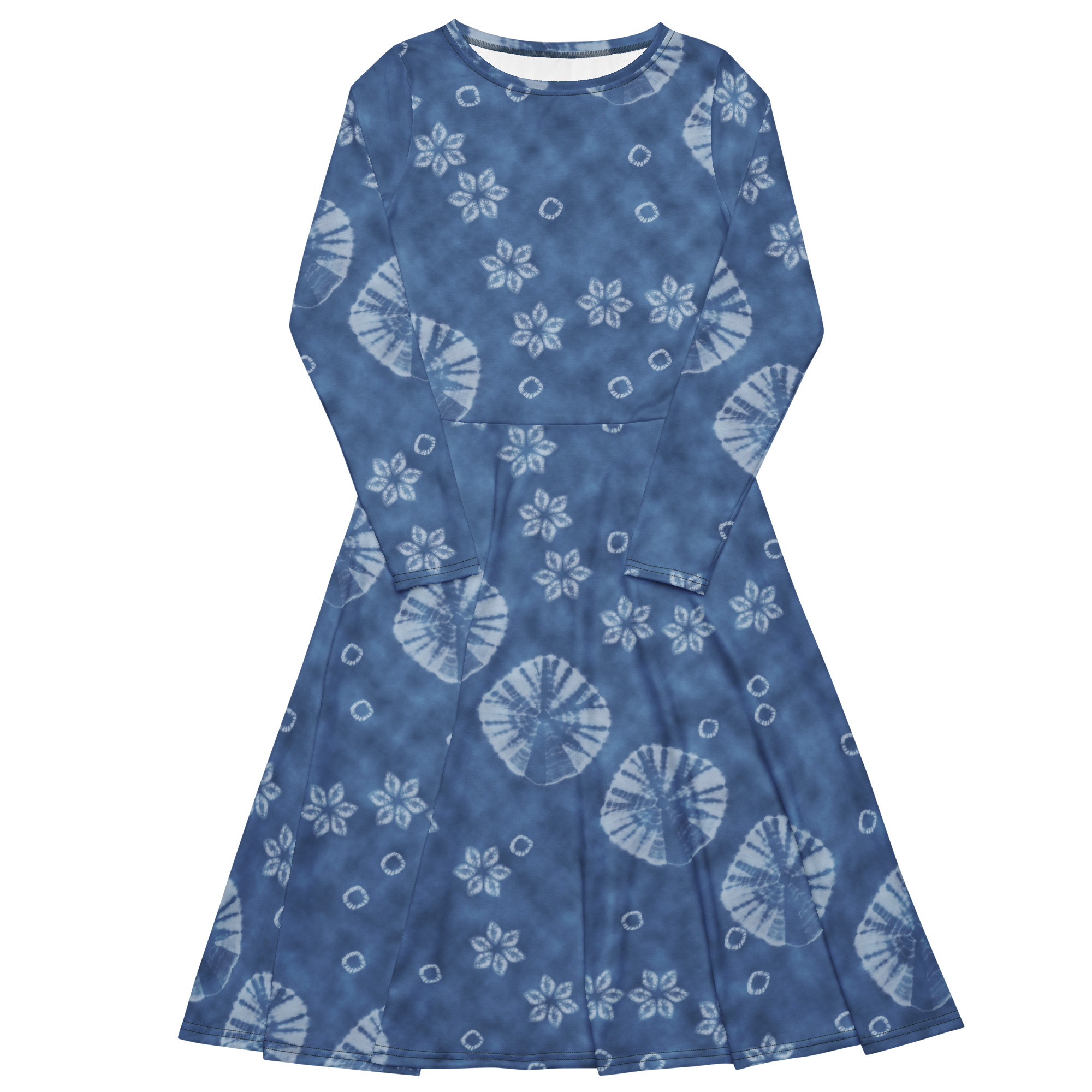 Indigo shibori All-over print long sleeve midi dress