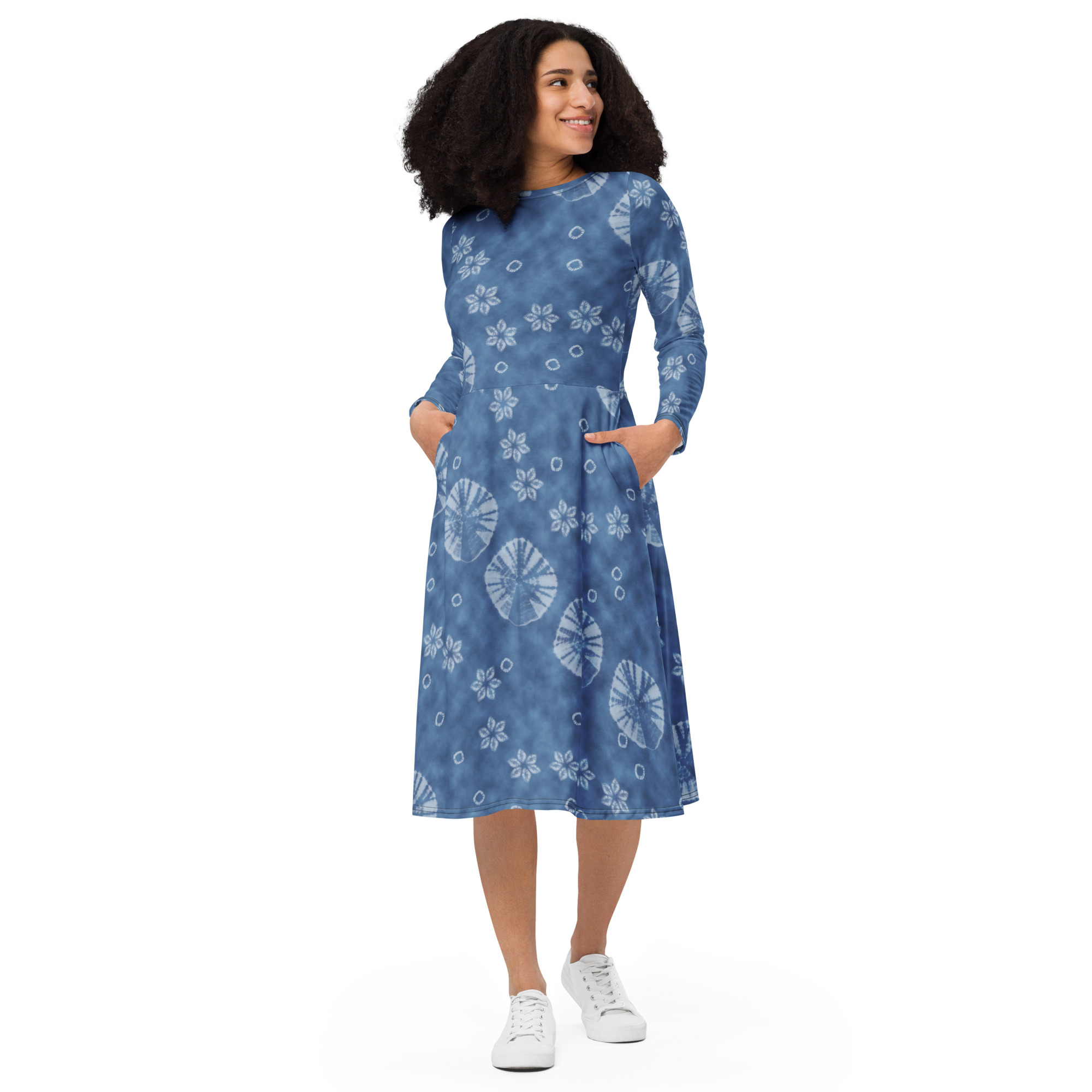 Indigo shibori All-over print long sleeve midi dress - Image 4