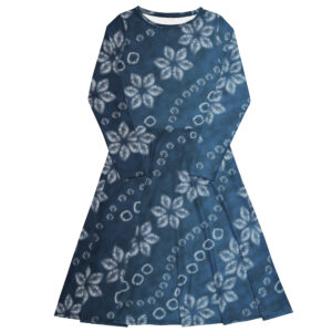 Indigo Shibori-Inspired Long Sleeve Flare Dress – Composed All-Over Print