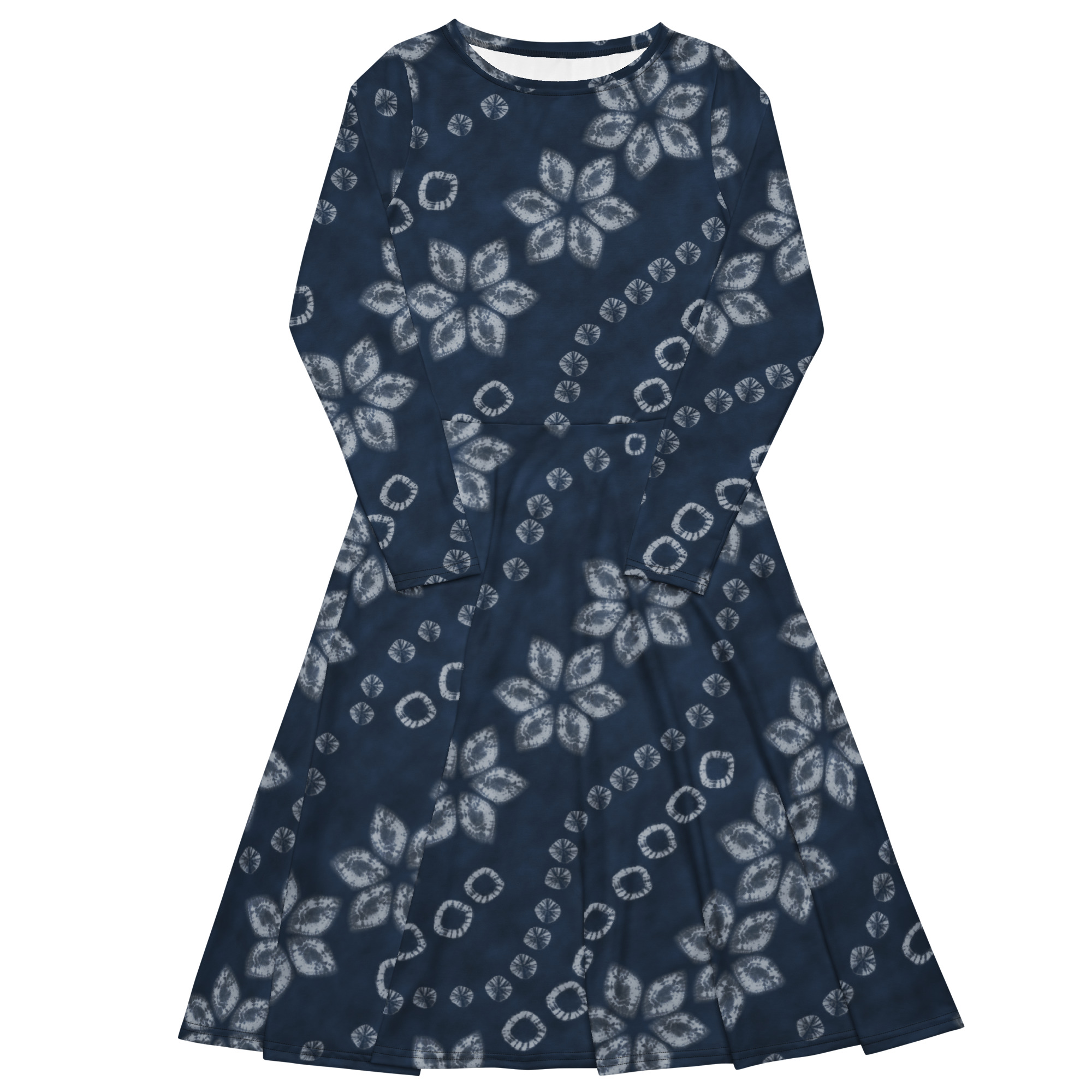 Indigo Shibori-Inspired Long Sleeve Flare Dress – Composed All-Over Print