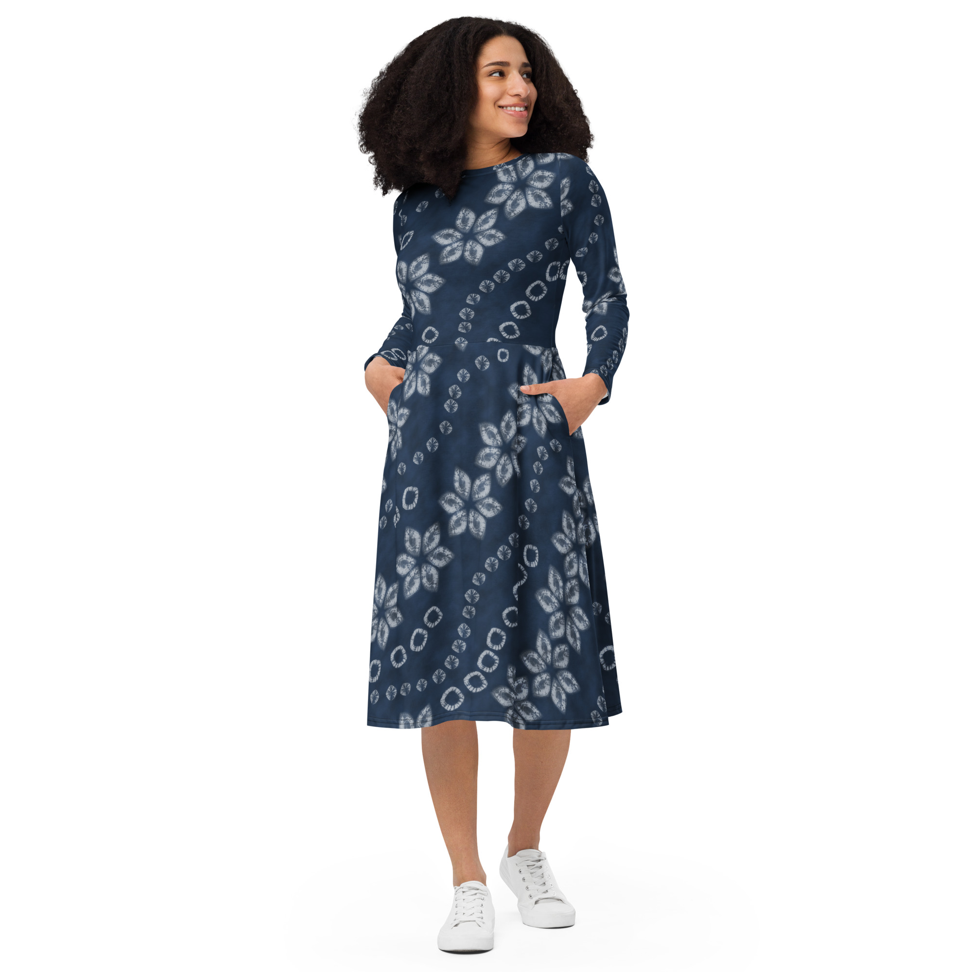 Indigo Shibori-Inspired Long Sleeve Flare Dress – Composed All-Over Print - Image 4