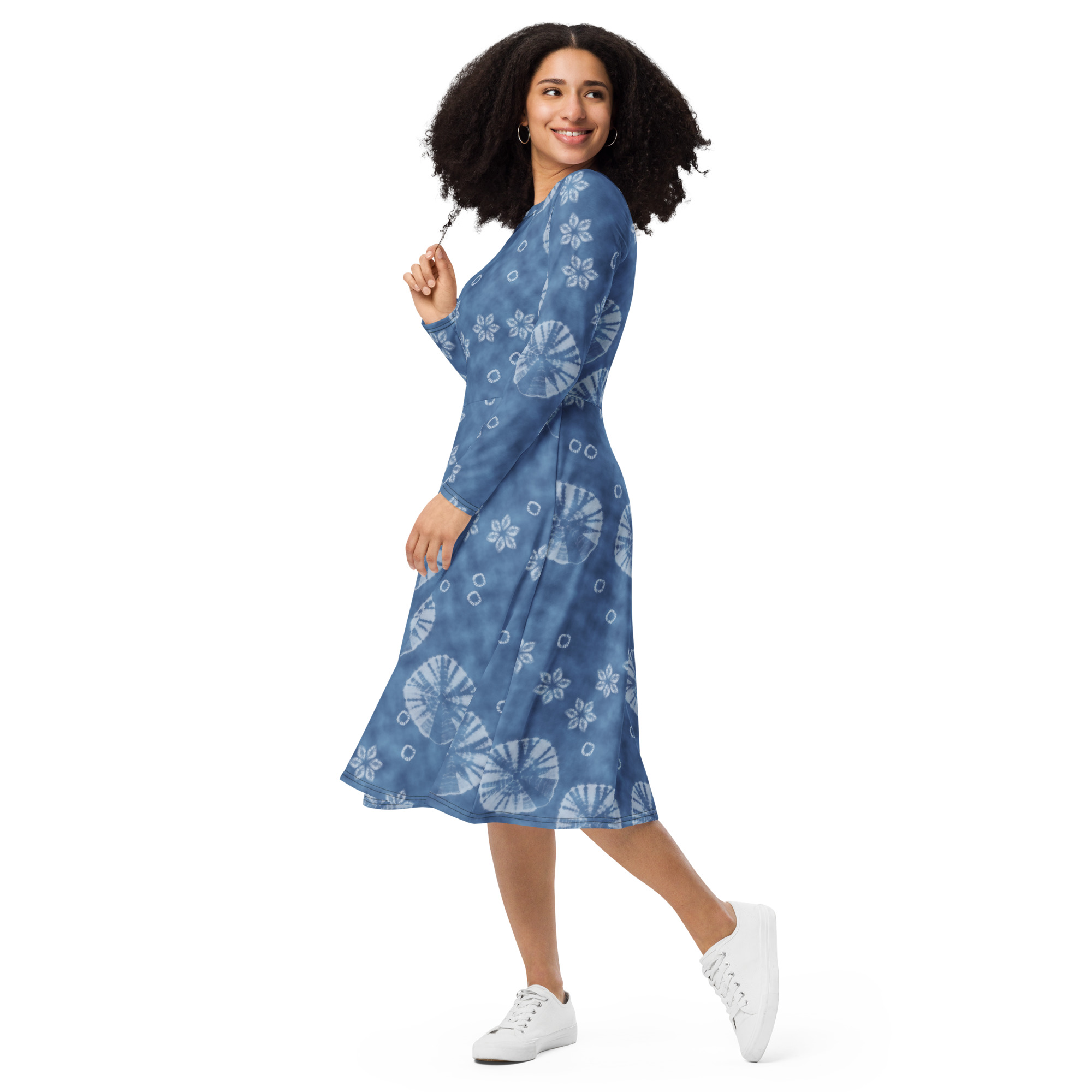 Indigo shibori All-over print long sleeve midi dress - Image 5