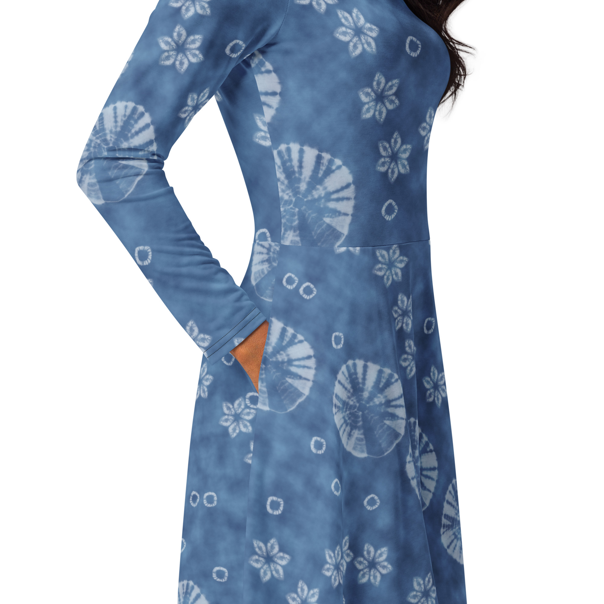 Indigo shibori All-over print long sleeve midi dress - Image 9