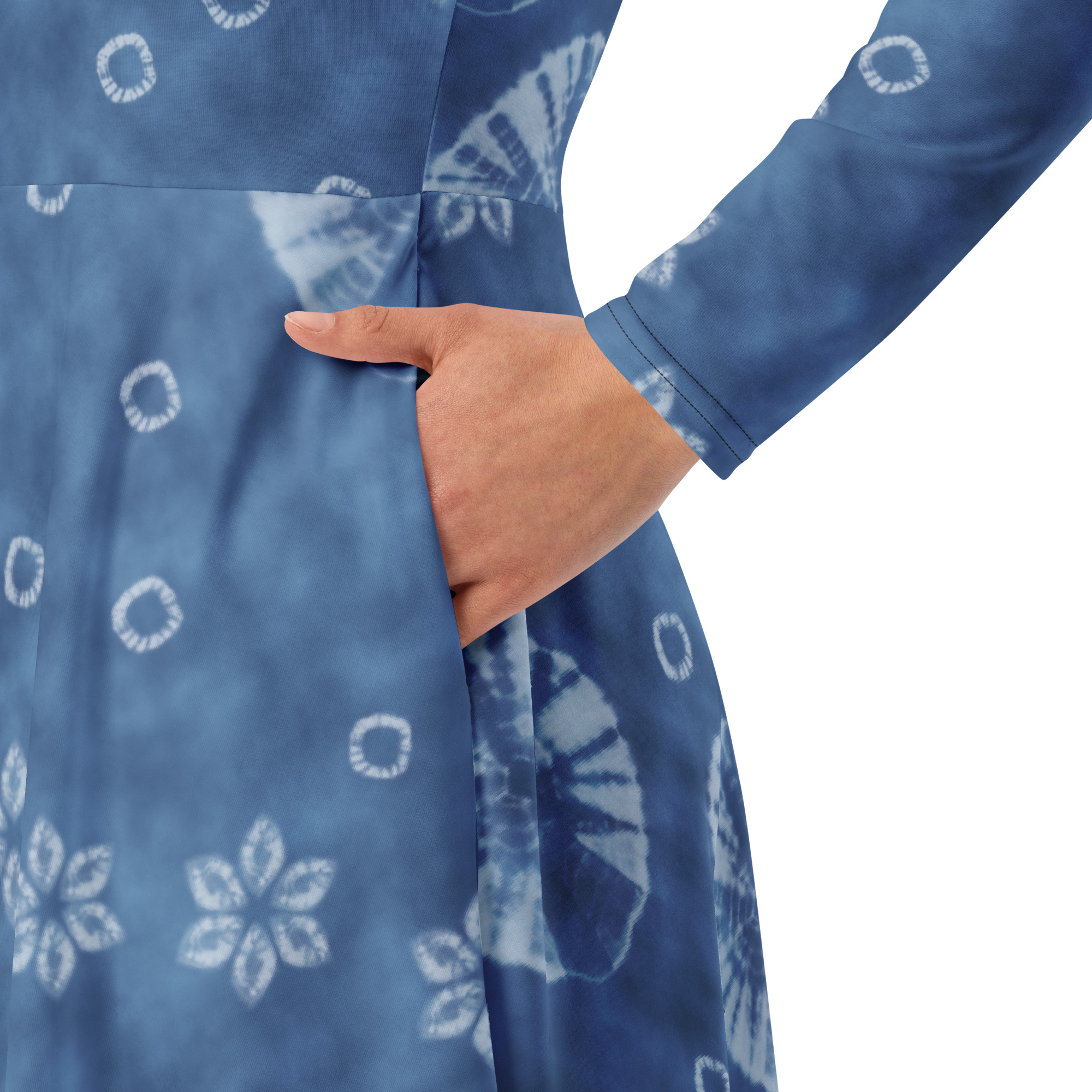 Indigo shibori All-over print long sleeve midi dress - Image 8