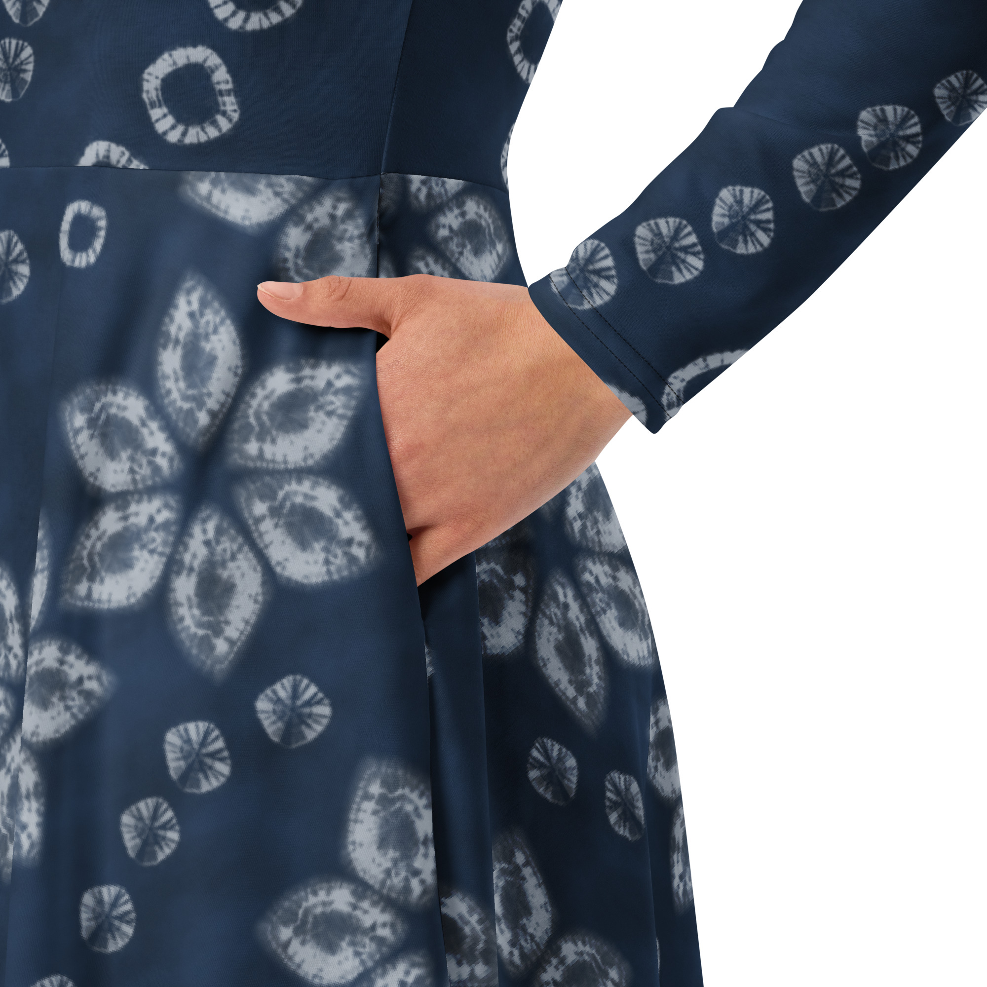 Indigo Shibori-Inspired Long Sleeve Flare Dress – Composed All-Over Print - Image 7