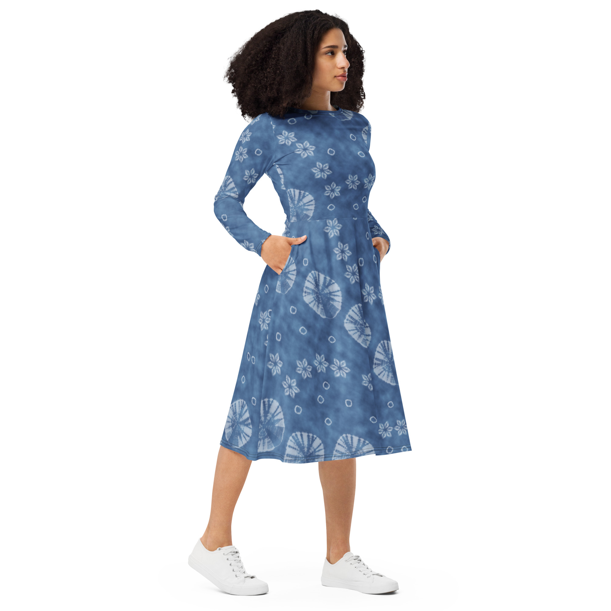 Indigo shibori All-over print long sleeve midi dress - Image 6