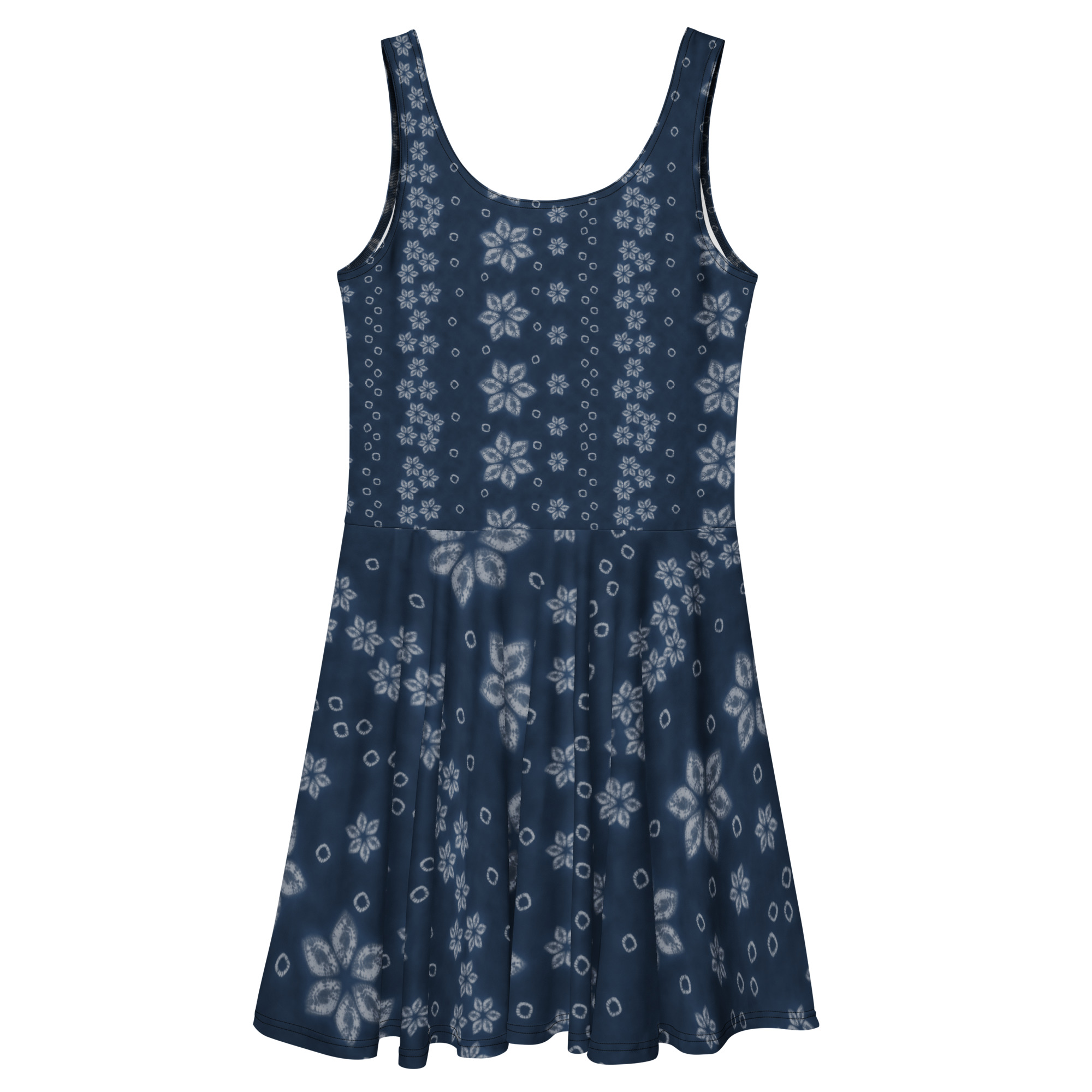 Deep Indigo two-tone Shibori-Inspired Sleeveless Skater Dress – All-Over Print Occasion Wear - Image 2