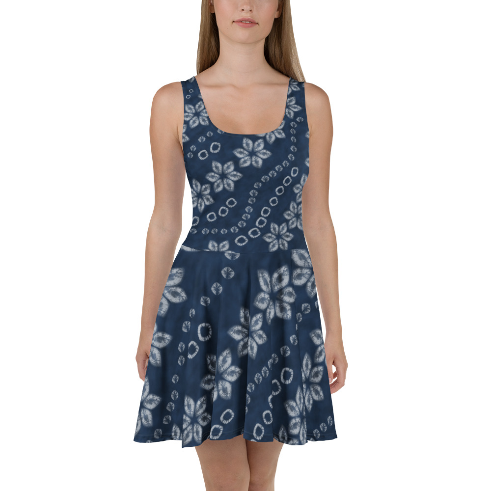 Indigo Shibori-Inspired Sleeveless Skater Dress – All-Over Print Occasion Wear - Image 5