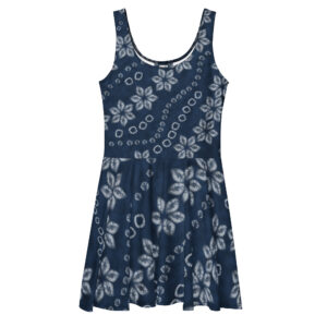 Indigo Shibori-Inspired Sleeveless Skater Dress – All-Over Print Occasion Wear