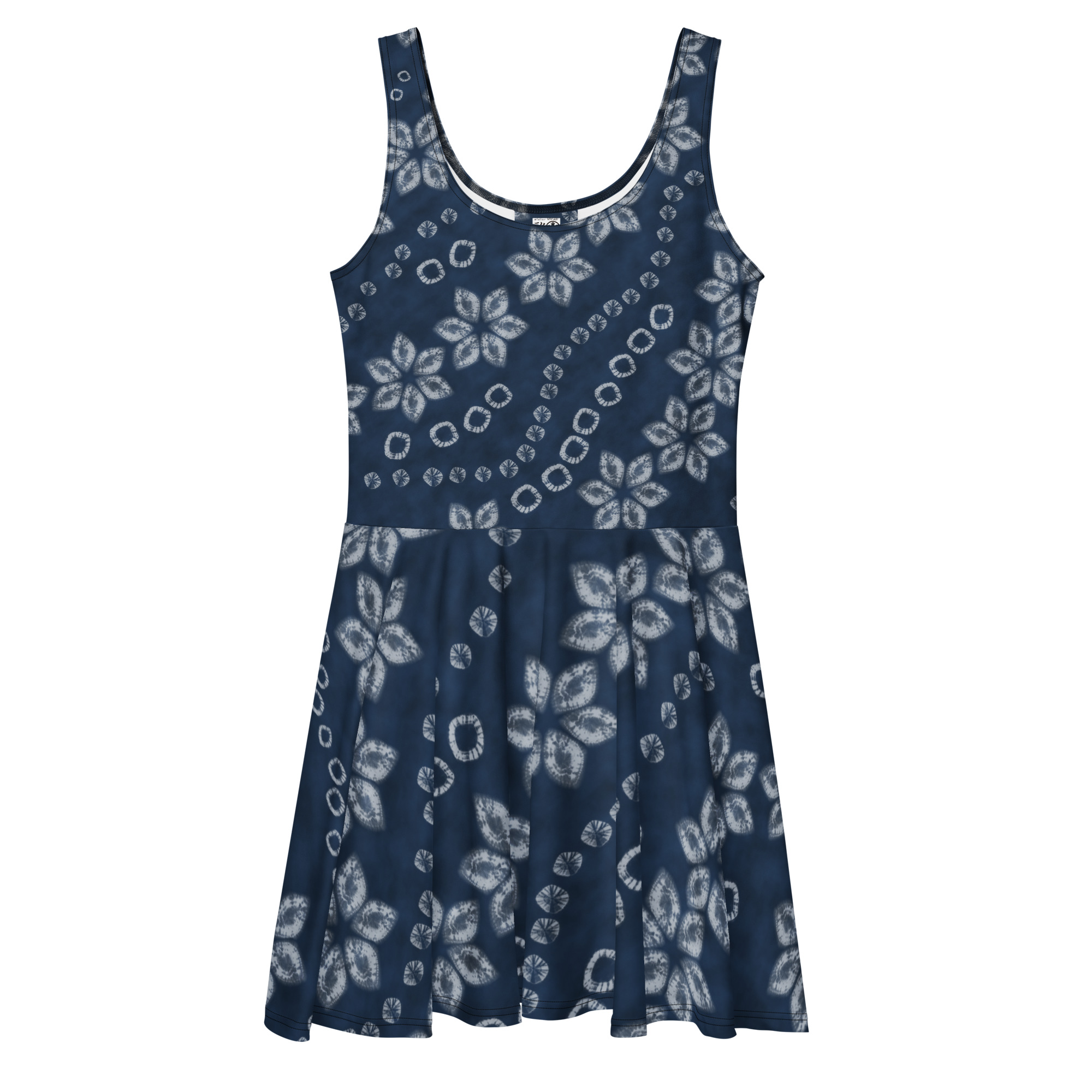 Indigo Shibori-Inspired Sleeveless Skater Dress – All-Over Print Occasion Wear