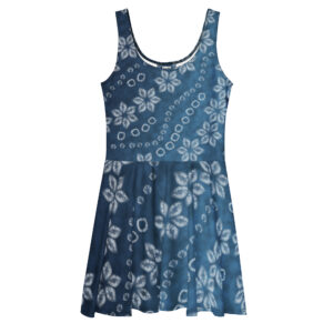 Indigo two-tone Shibori-Inspired Sleeveless Skater Dress – All-Over Print Occasion Wear