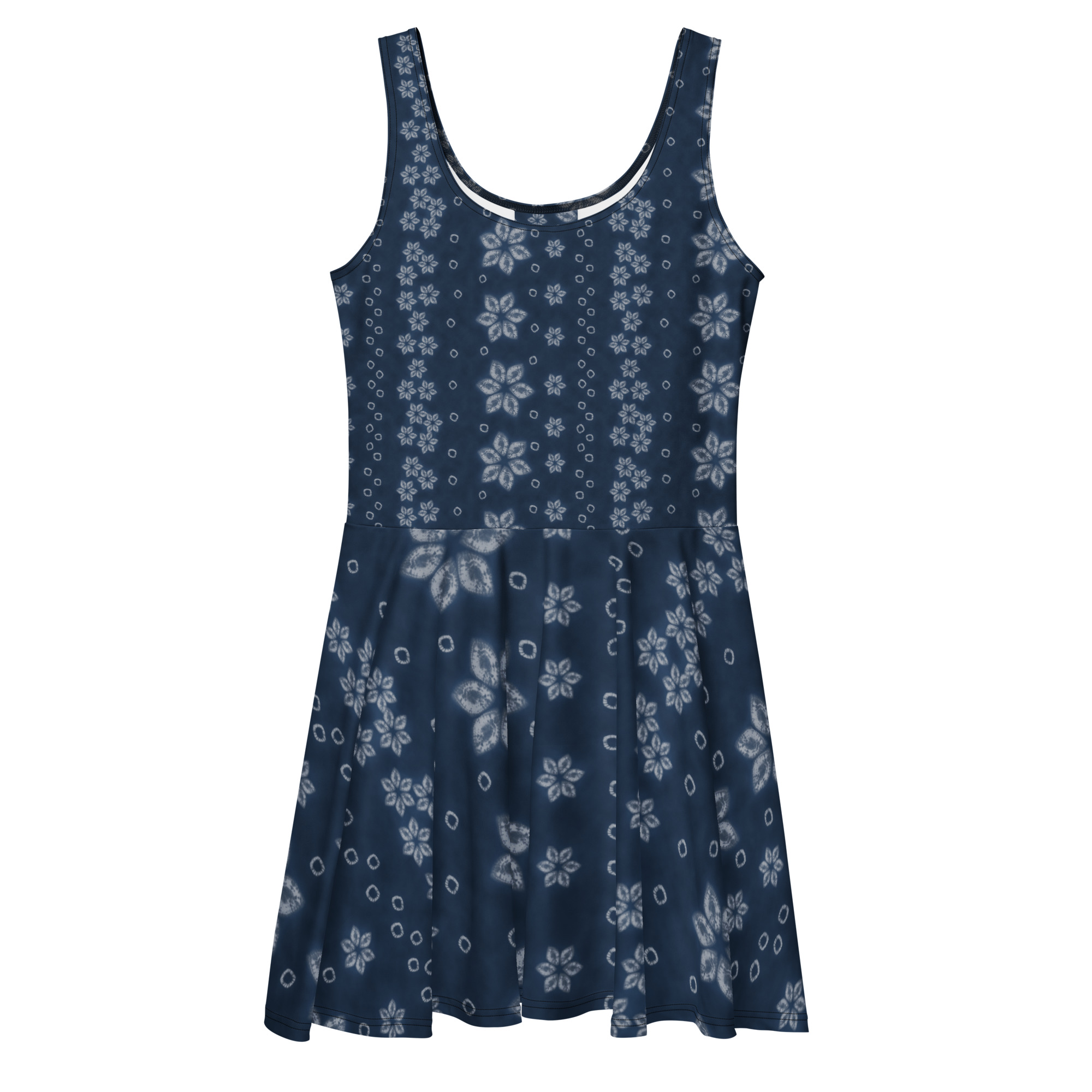 Deep Indigo two-tone Shibori-Inspired Sleeveless Skater Dress – All-Over Print Occasion Wear - Image 4