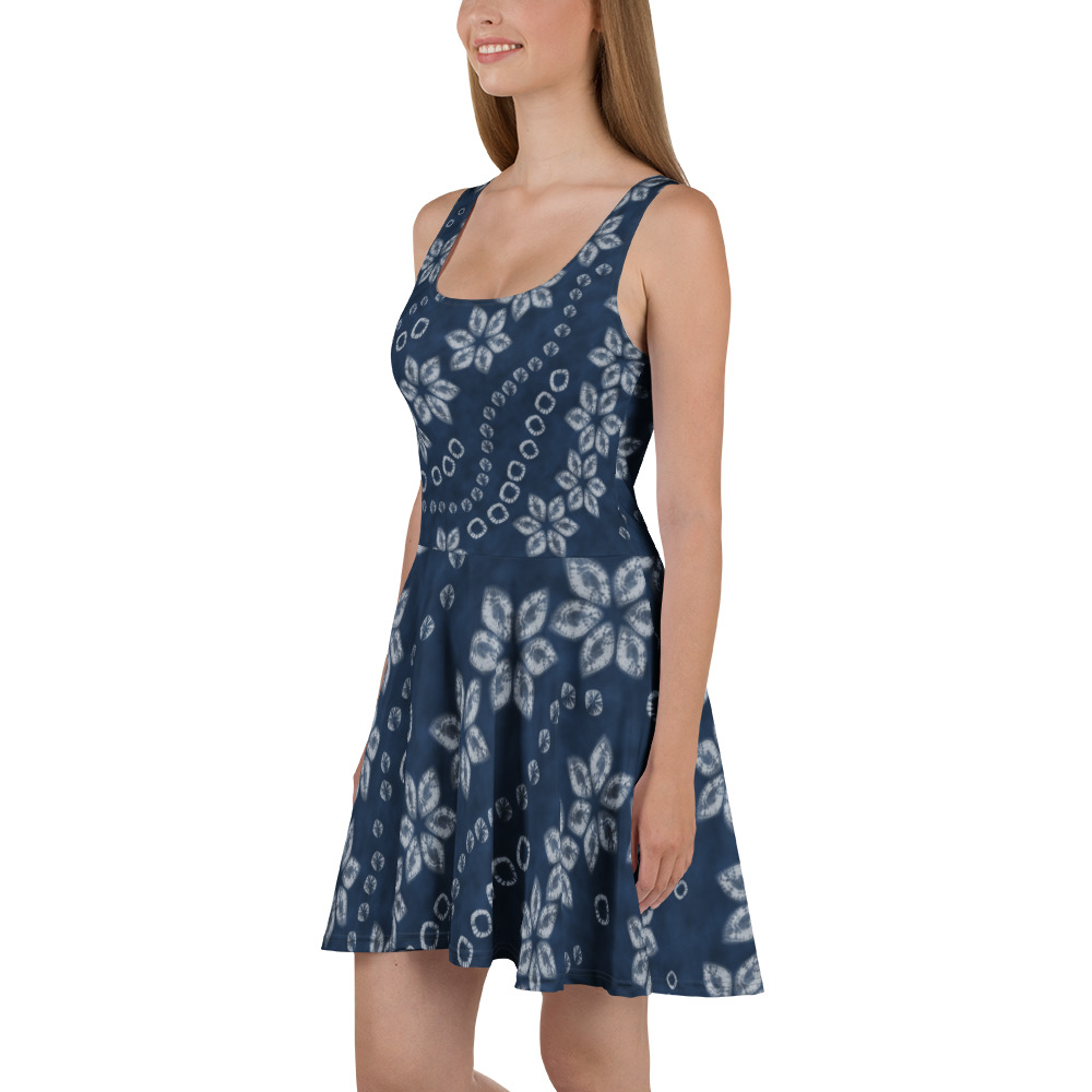 Indigo Shibori-Inspired Sleeveless Skater Dress – All-Over Print Occasion Wear - Image 3