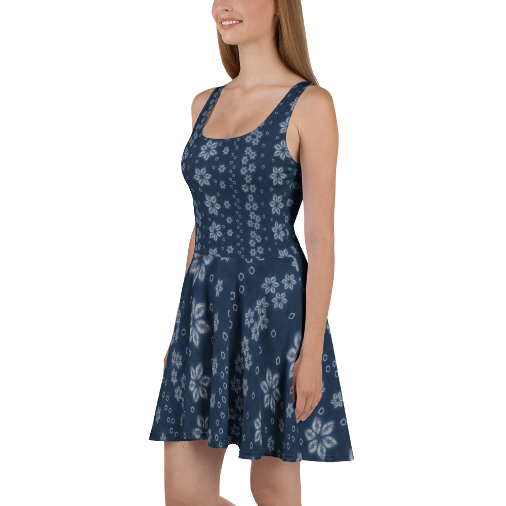Deep Indigo two-tone Shibori-Inspired Sleeveless Skater Dress – All-Over Print Occasion Wear - Image 6