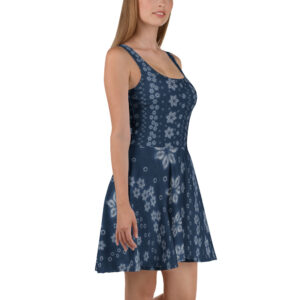 Deep Indigo two-tone Shibori-Inspired Sleeveless Skater Dress – All-Over Print Occasion Wear
