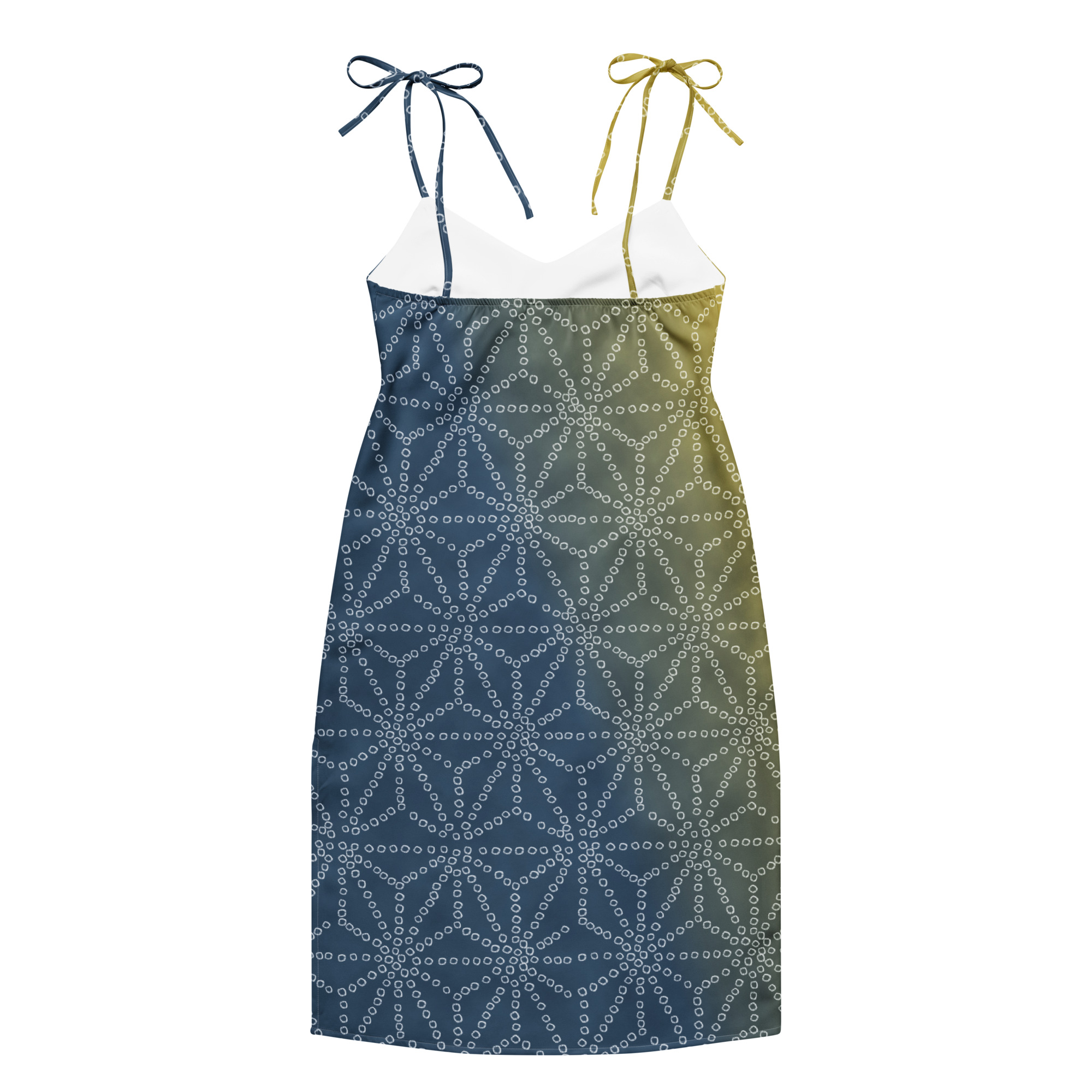 Asanoha Yellow & Indigo Shibori-Inspired Slip Dress Dramatic Two-Tone All-Over Print - Image 7