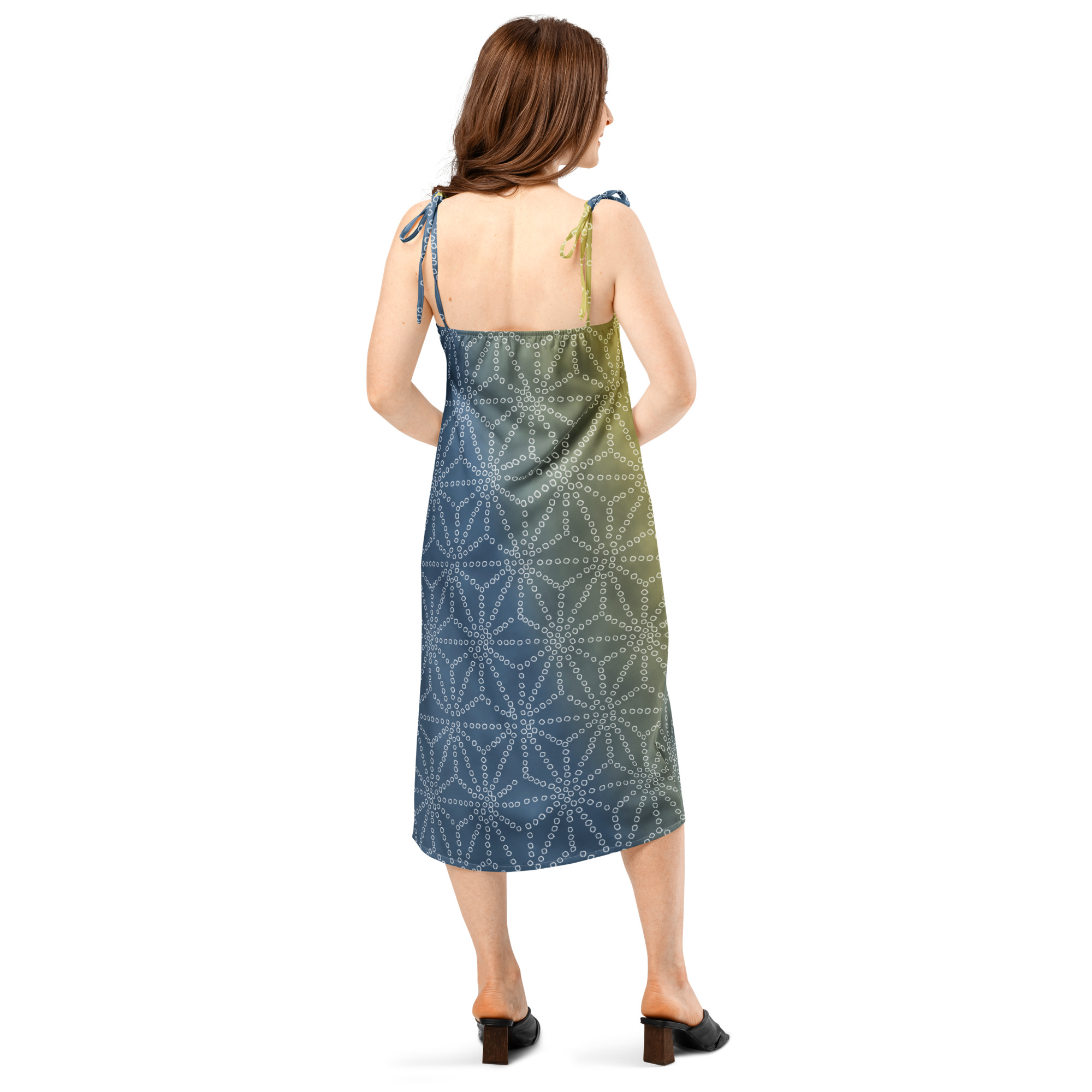 Asanoha Yellow & Indigo Shibori-Inspired Slip Dress Dramatic Two-Tone All-Over Print - Image 12