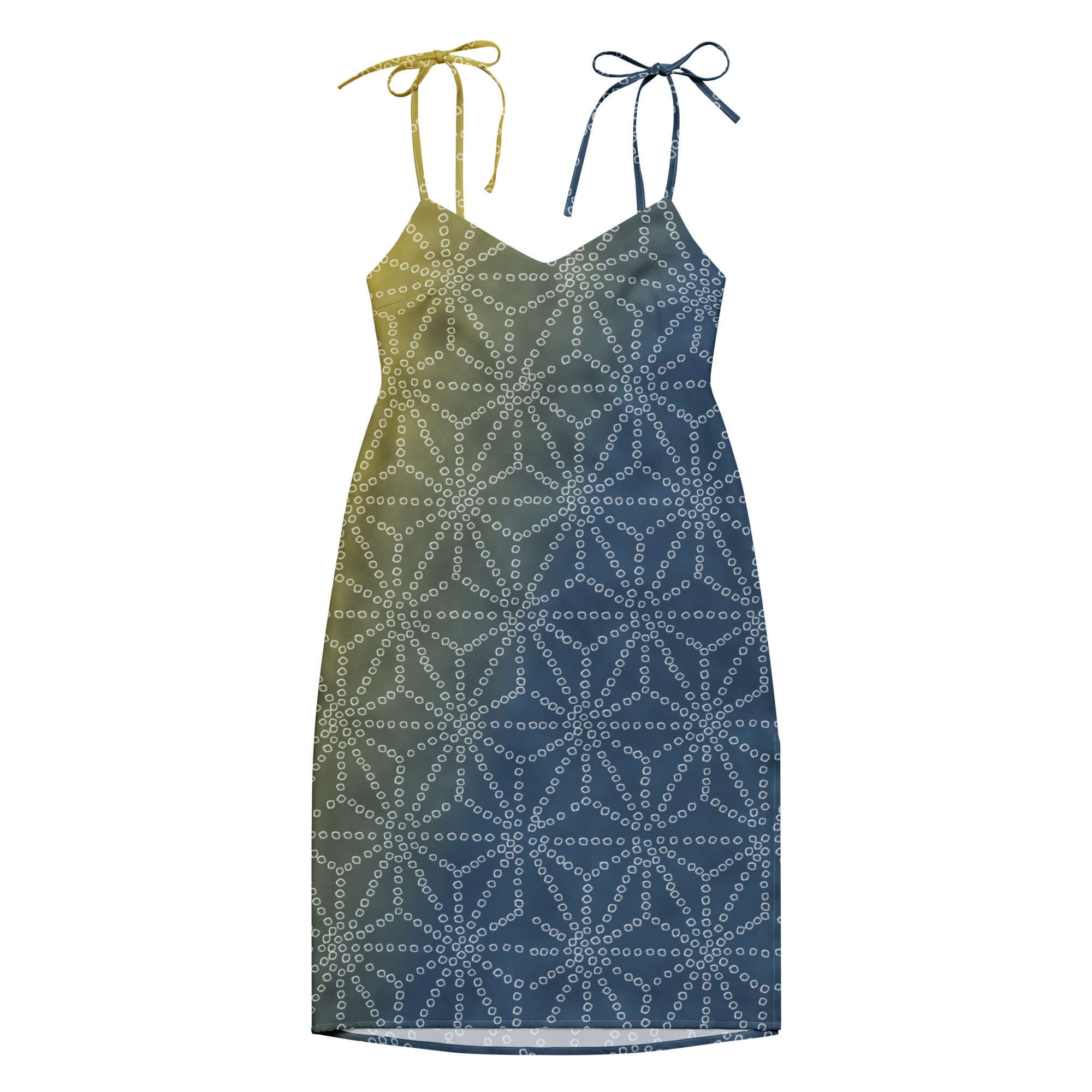 Asanoha Yellow & Indigo Shibori-Inspired Slip Dress Dramatic Two-Tone All-Over Print - Image 6