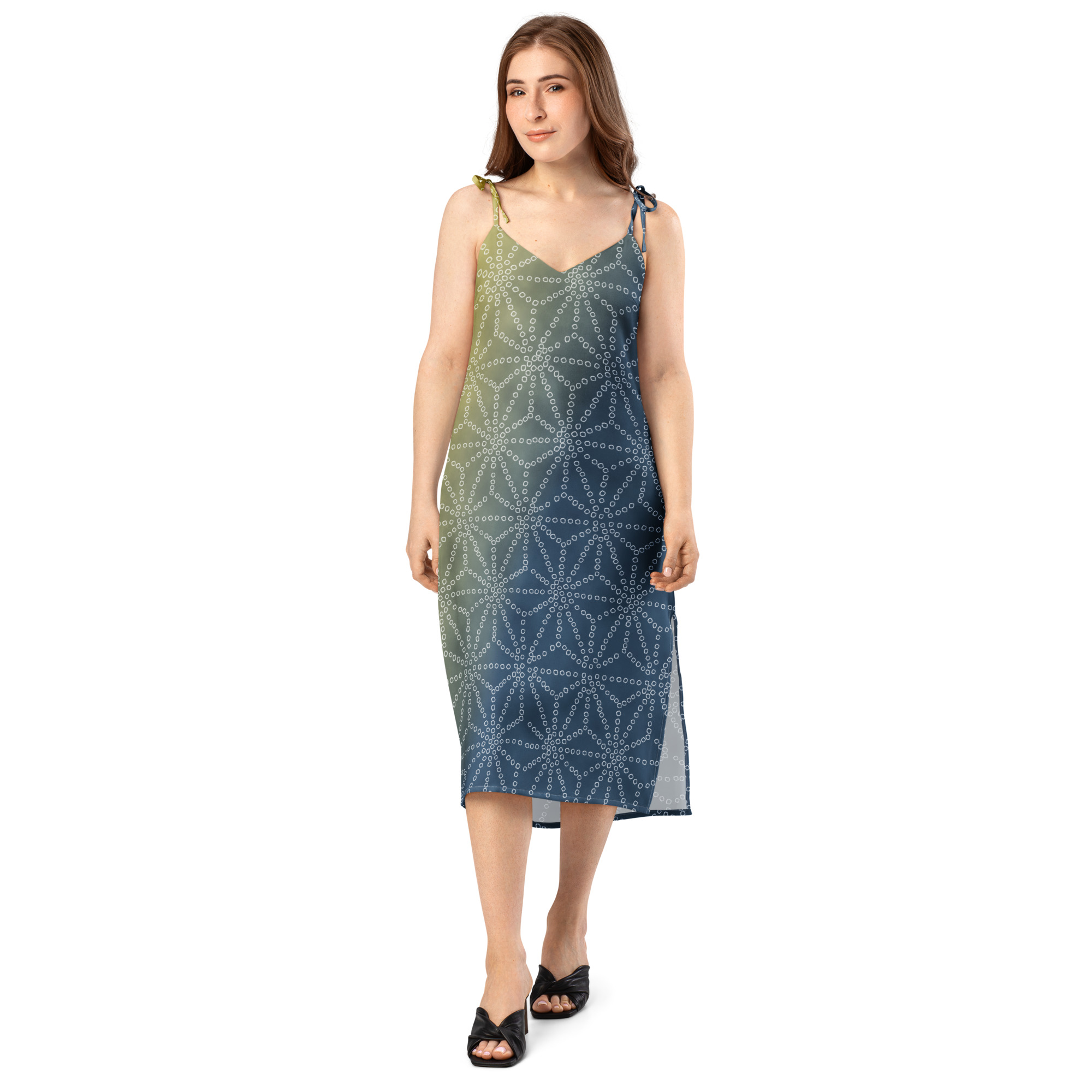 Asanoha Yellow & Indigo Shibori-Inspired Slip Dress Dramatic Two-Tone All-Over Print - Image 13