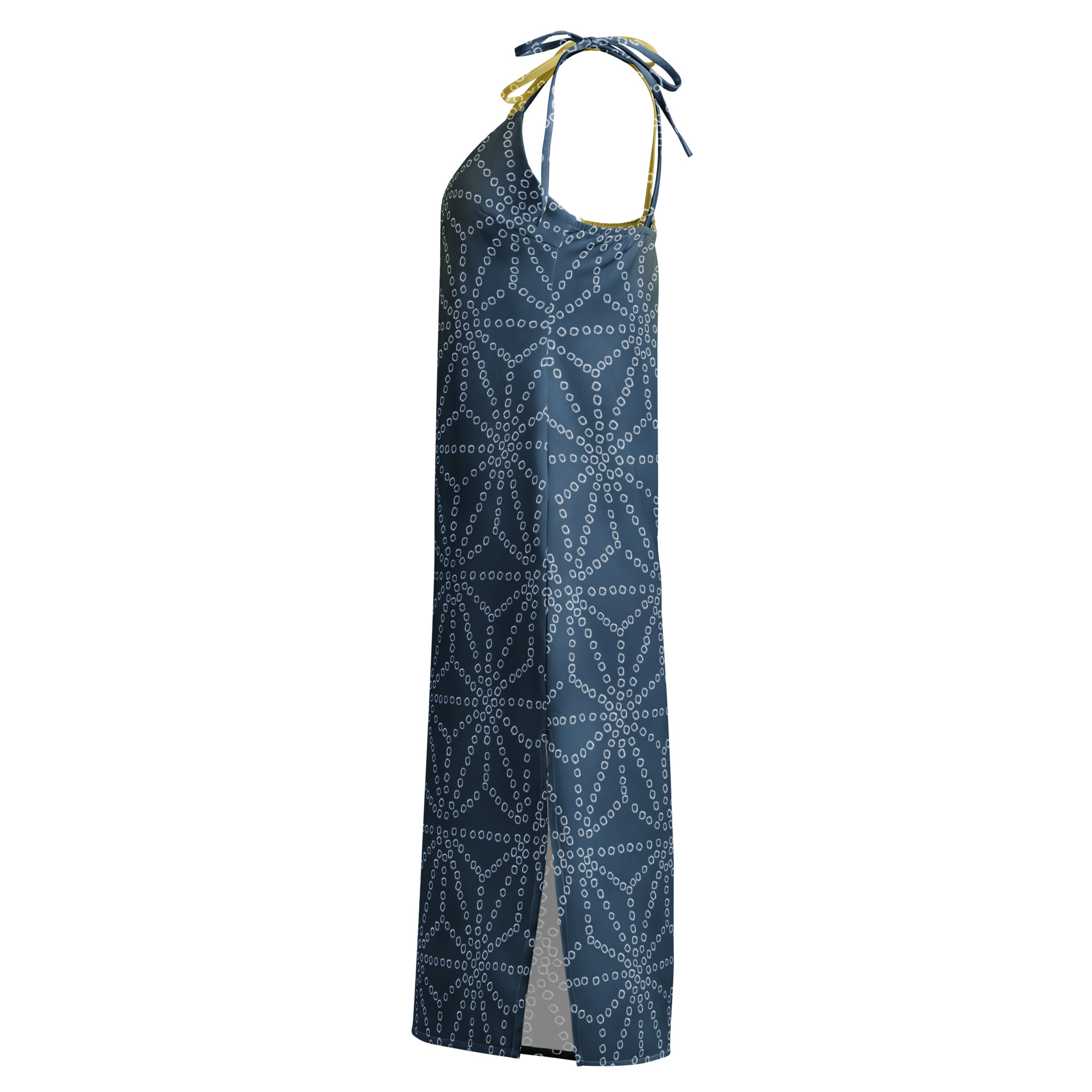 Asanoha Yellow & Indigo Shibori-Inspired Slip Dress Dramatic Two-Tone All-Over Print - Image 4