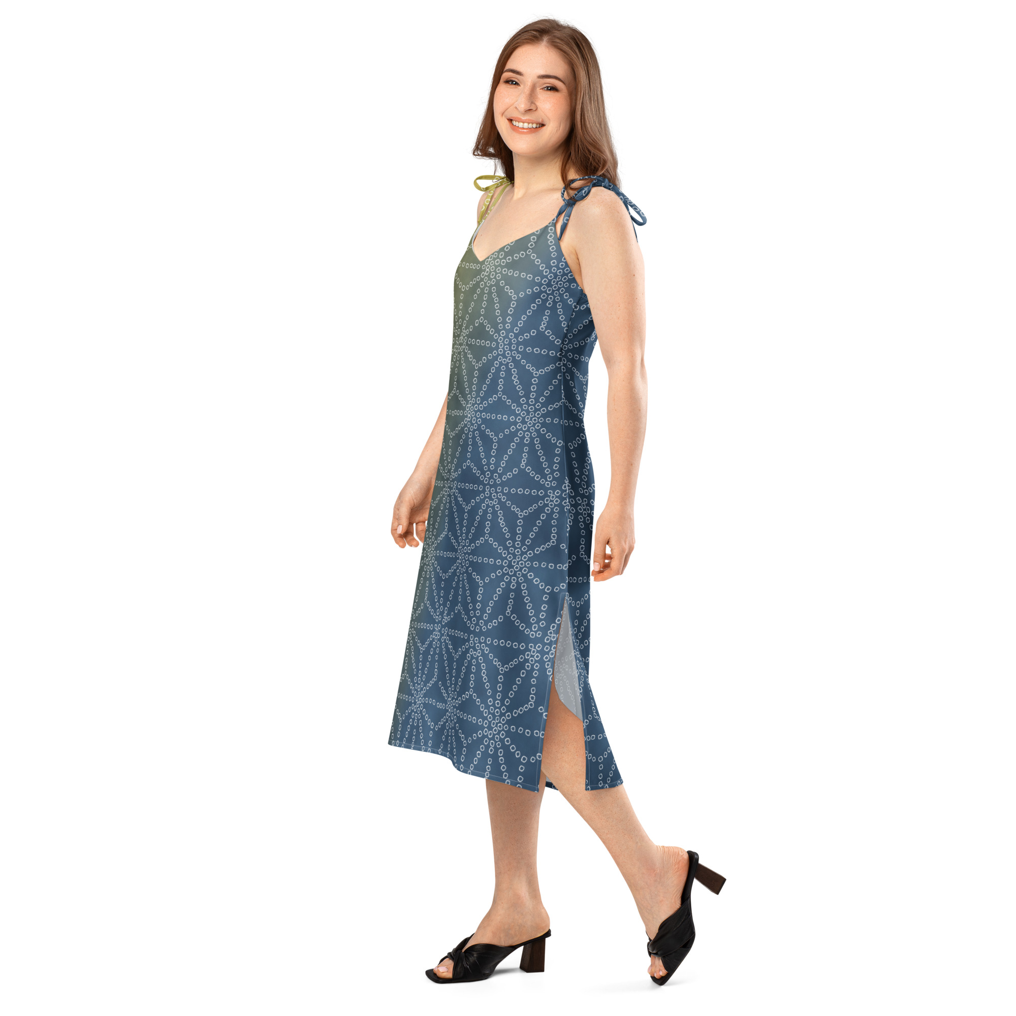Asanoha Yellow & Indigo Shibori-Inspired Slip Dress Dramatic Two-Tone All-Over Print - Image 11