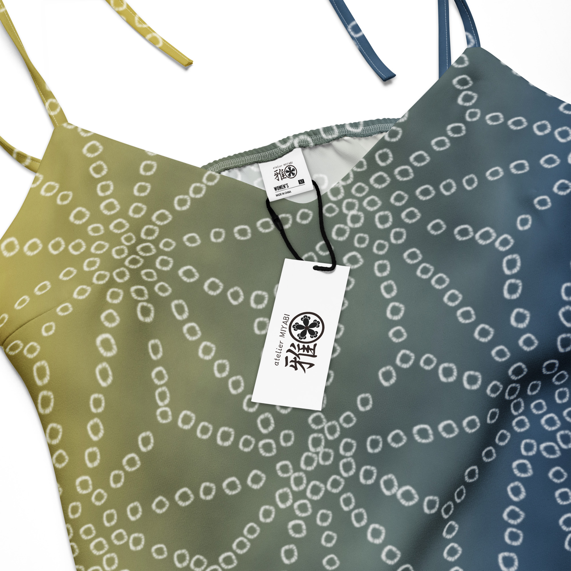 Asanoha Yellow & Indigo Shibori-Inspired Slip Dress Dramatic Two-Tone All-Over Print - Image 8