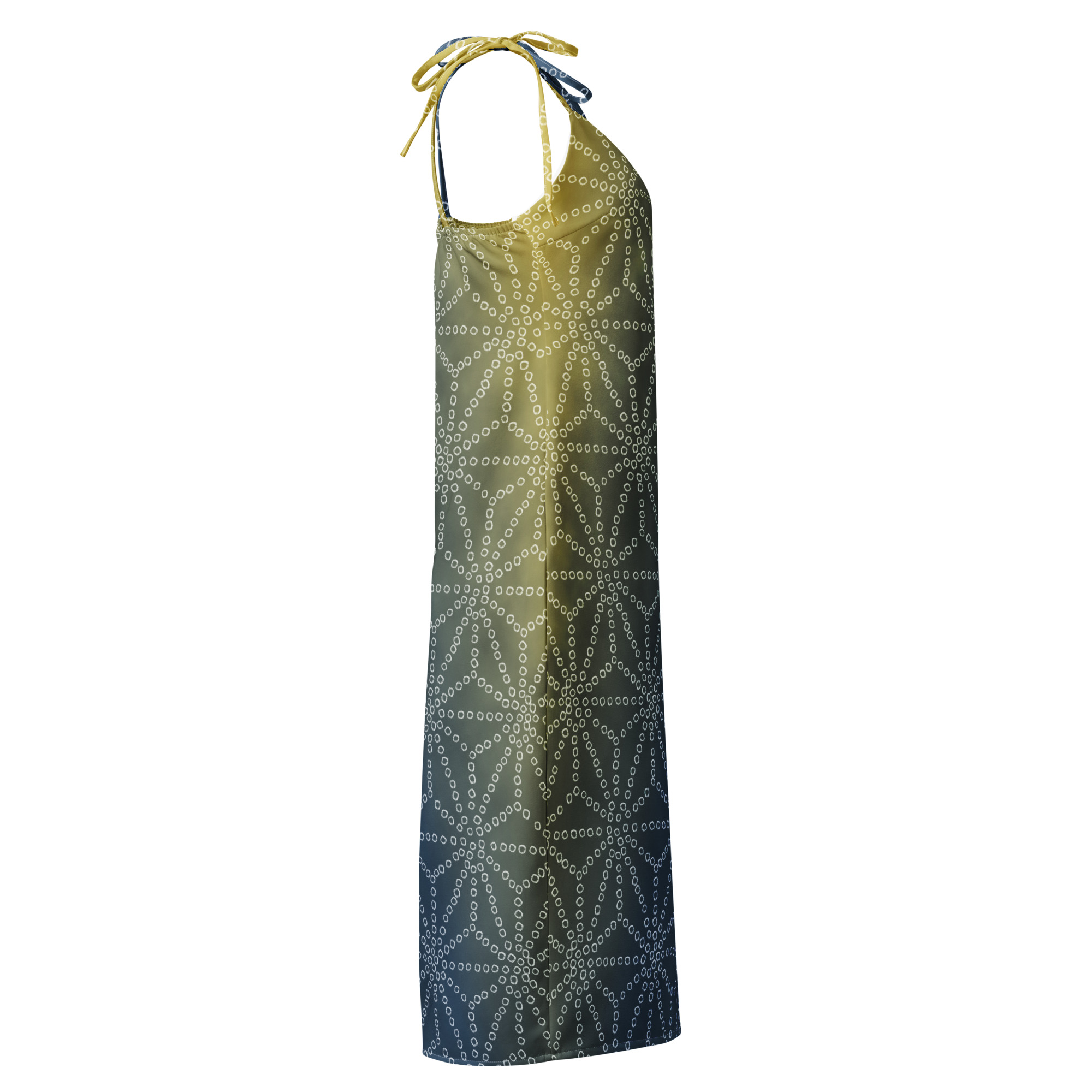 Asanoha Yellow & Indigo Shibori-Inspired Slip Dress Dramatic Two-Tone All-Over Print - Image 5