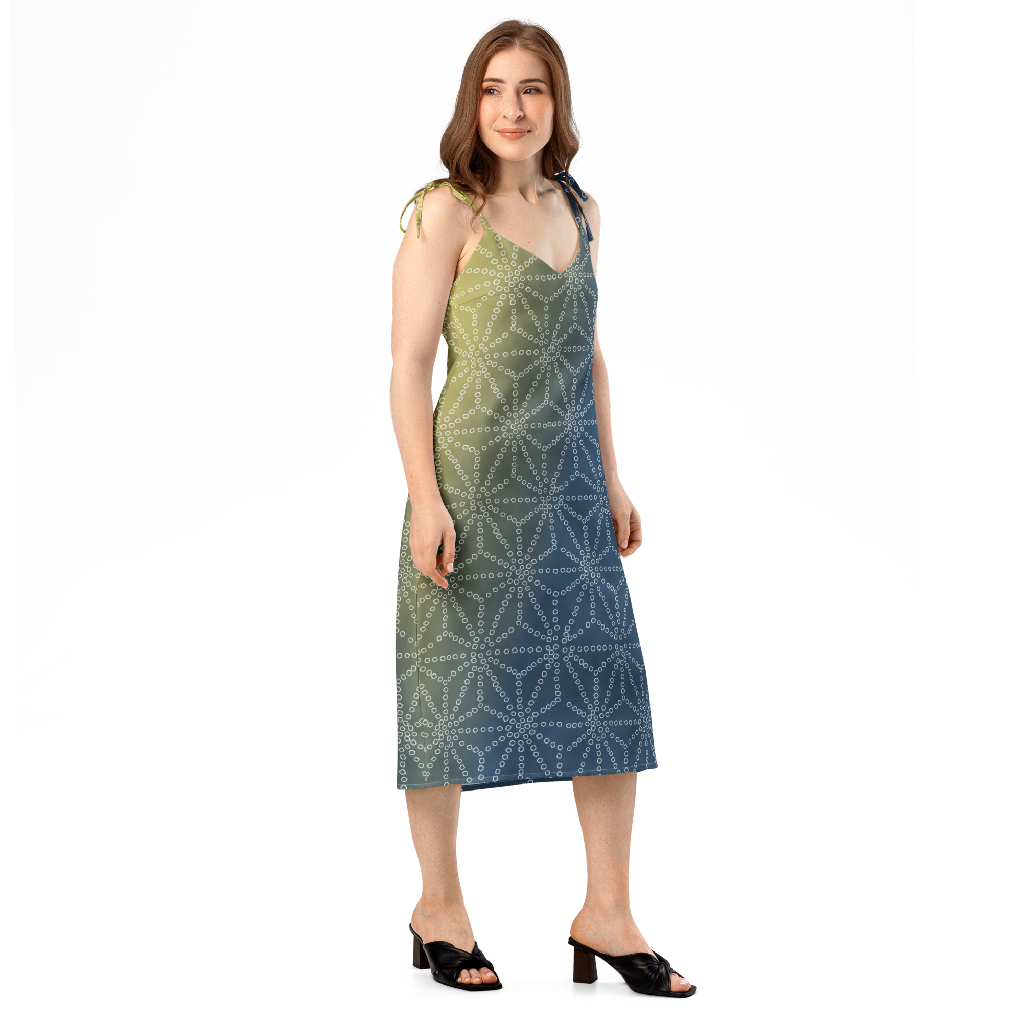 Asanoha Yellow & Indigo Shibori-Inspired Slip Dress Dramatic Two-Tone All-Over Print - Image 10