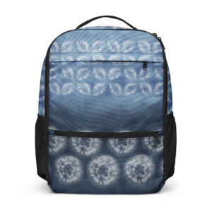Indigo utility backpack with composed all-over shibori-inspired motif