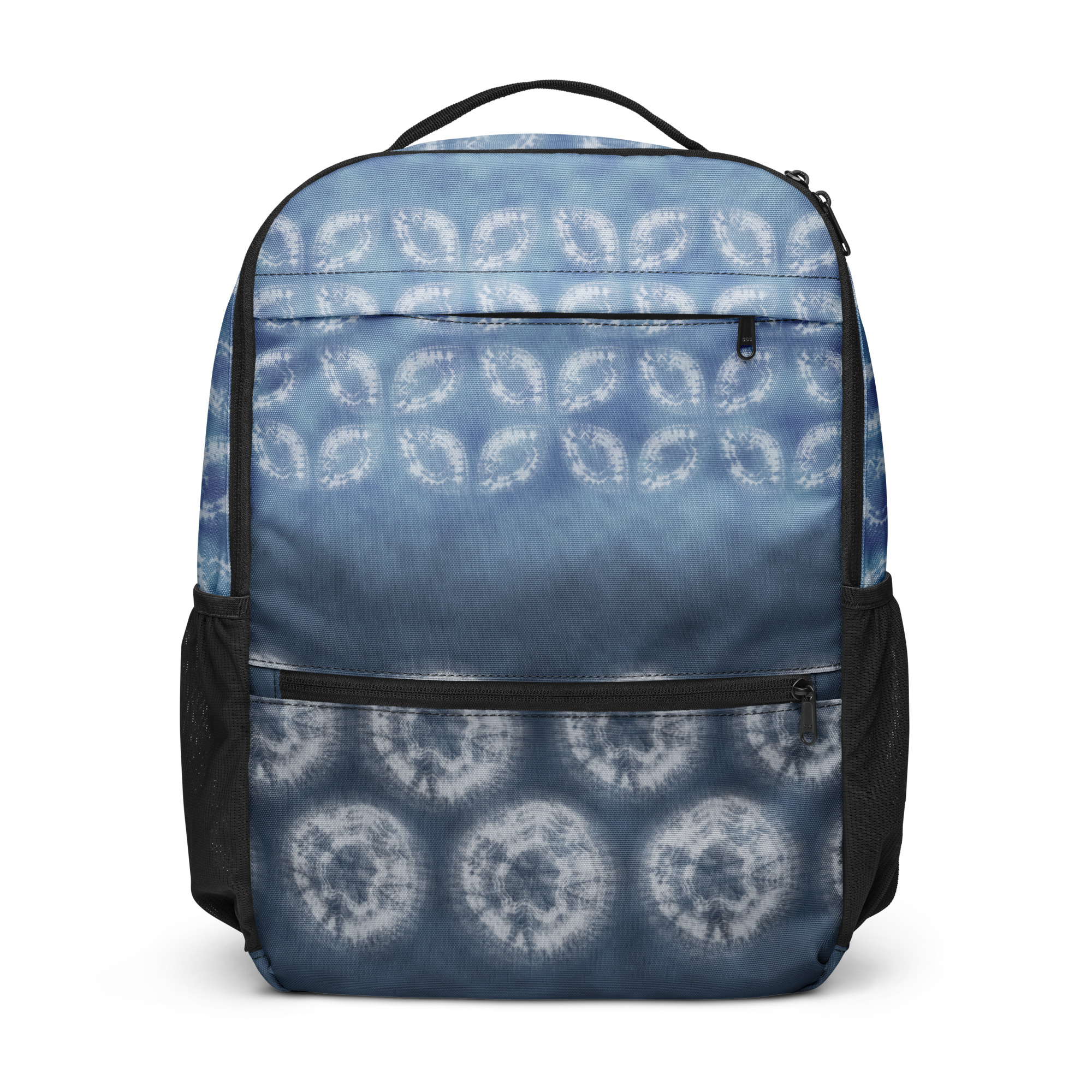 Indigo utility backpack with composed all-over shibori-inspired motif
