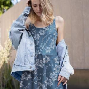 Indigo two-tone Shibori-Inspired Sleeveless Skater Dress – All-Over Print Occasion Wear