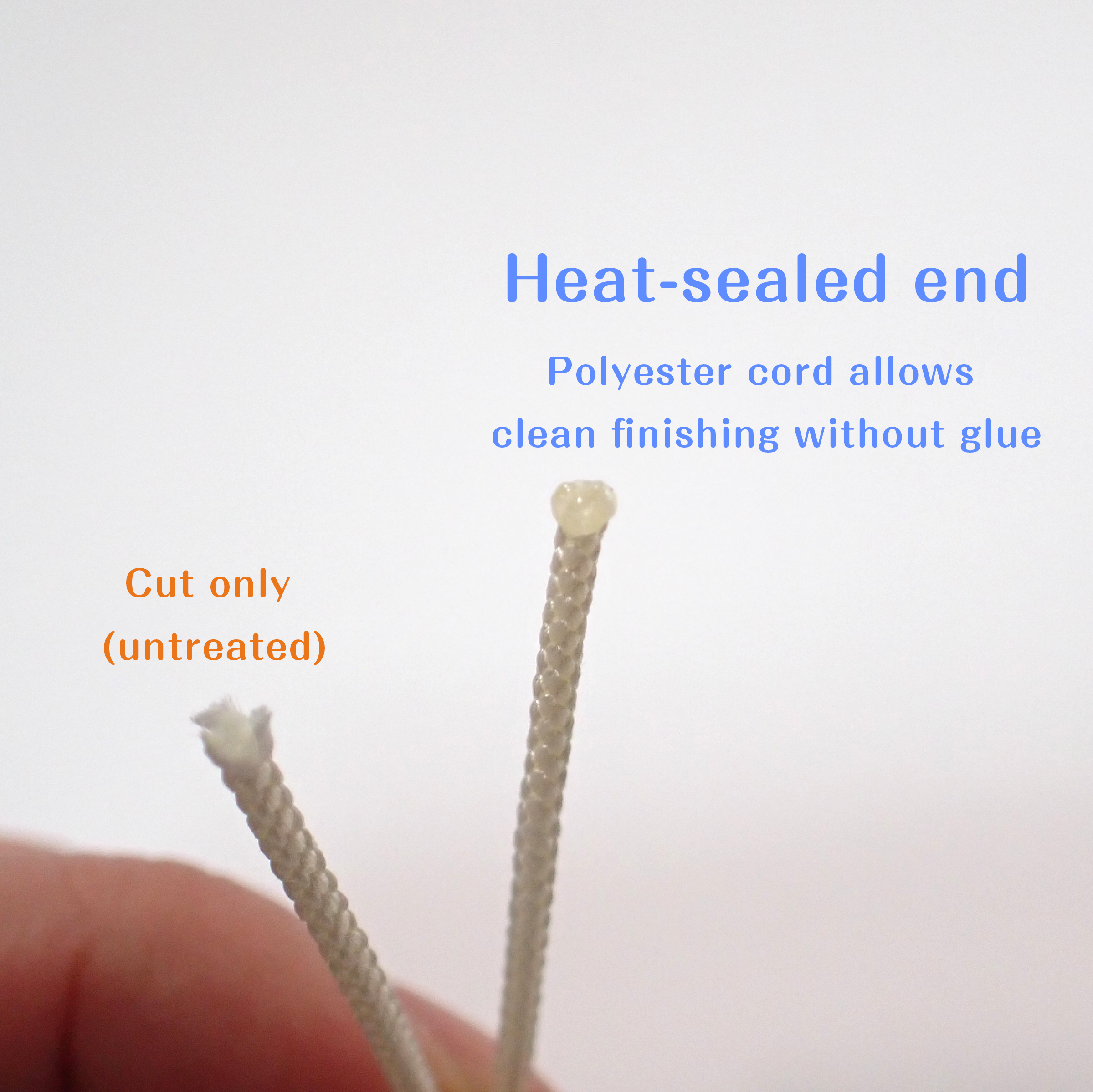 Close-up comparison showing untreated cut end and heat-sealed end of a polyester kumihimo jewelry cord