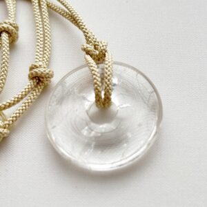 Clear Quartz Donut Necklace in Japanese Paulownia Wood Box – Silk Kumihimo Cord, Zen Minimalist Crystal Jewelry, Handmade in Japan