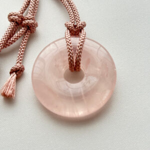 Rose Quartz Donut Necklace in Traditional Japanese Kiribako Box – Silk Kumihimo Cord, Minimal Zen Jewelry, Meaningful Gift for Her