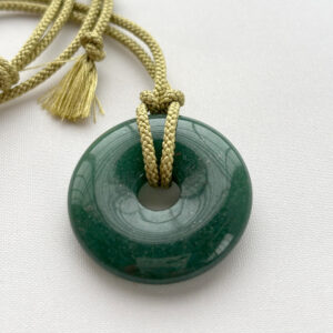 Green Aventurine Donut Necklace in Japanese Paulownia Wood Box – Matcha Silk Kumihimo Cord, Zen Minimalist Jewelry, Handmade in Japan