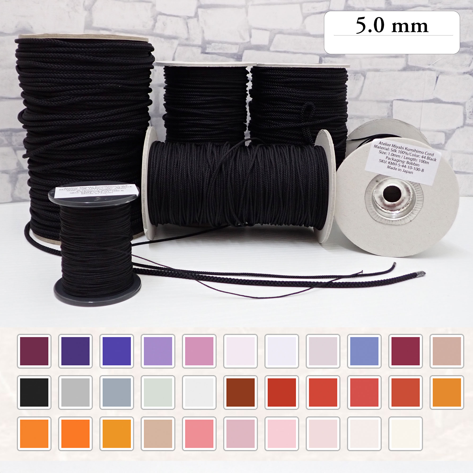 Wholesale Silk Kumihimo Cord (8-Strand) 5.0mm– 30m – Choose from 64 Colours-No.33-64