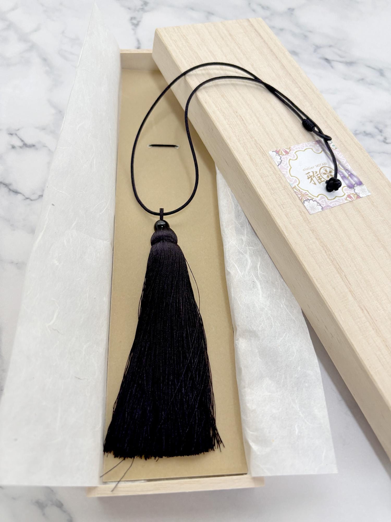 Black Silk Tassel Short Necklace with a black onyx gemstone, 16inch Kumihimo Cord Necklace, Minimalist Metal Free Japanese Inspired Jewelry - Image 5