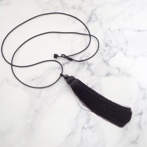 Black Silk Tassel Necklace with a black onyx gemstone bead, Long Kumihimo Cord Necklace, Minimalist Metal Free Japanese Inspired Jewelry