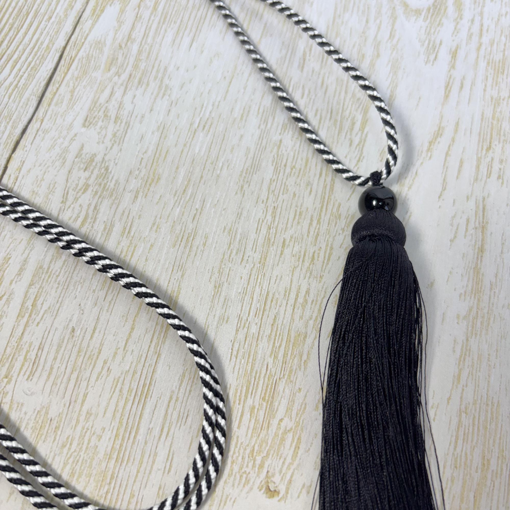 Black & White Silk Tassel Necklace with Onyx Bead – Adjustable Tie Back Kumihimo Necklace – Long Japanese Inspired Silk Jewelry - Image 3
