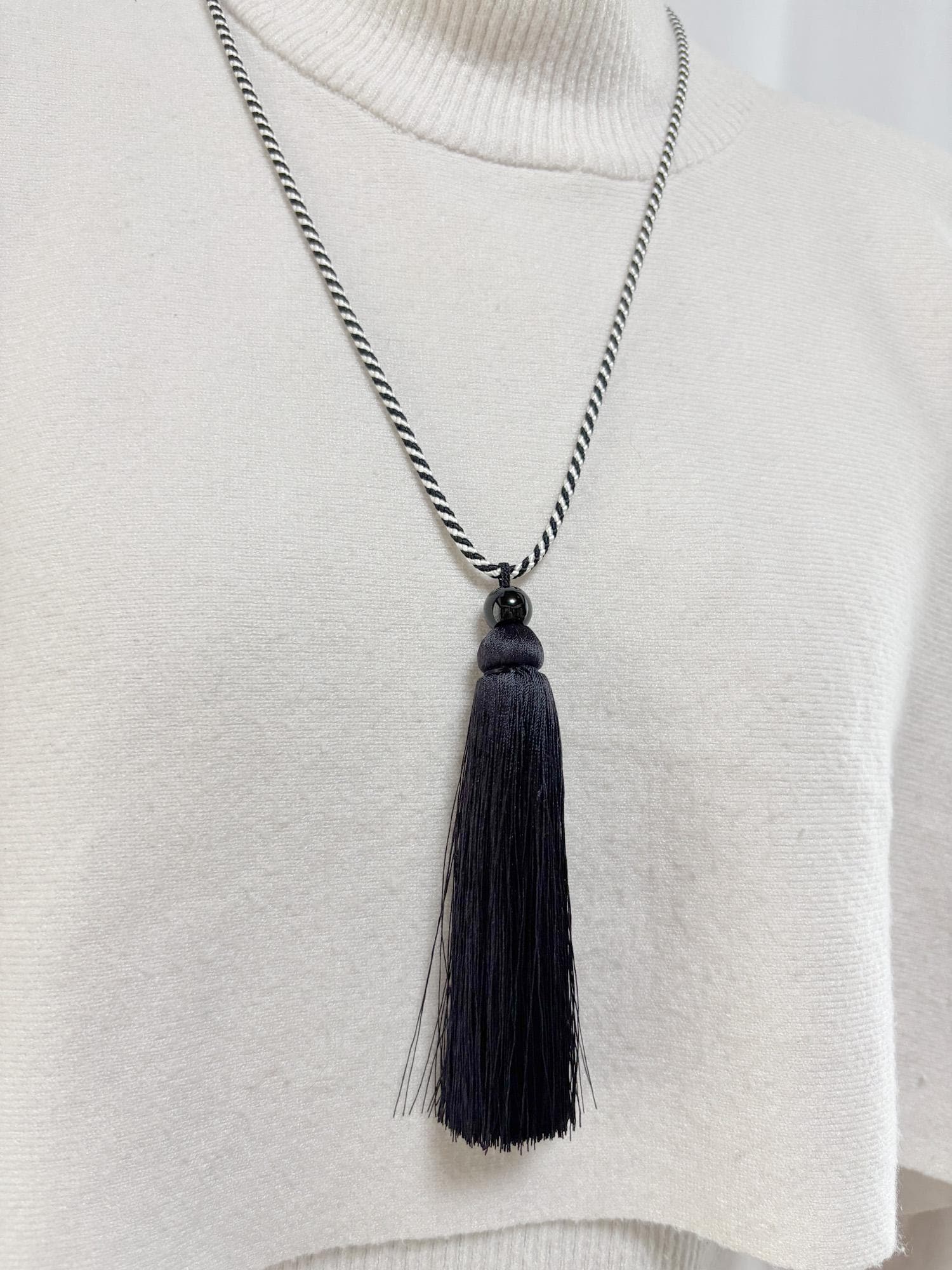 Black & White Silk Tassel Necklace with Onyx Bead – Adjustable Tie Back Kumihimo Necklace – Long Japanese Inspired Silk Jewelry - Image 7