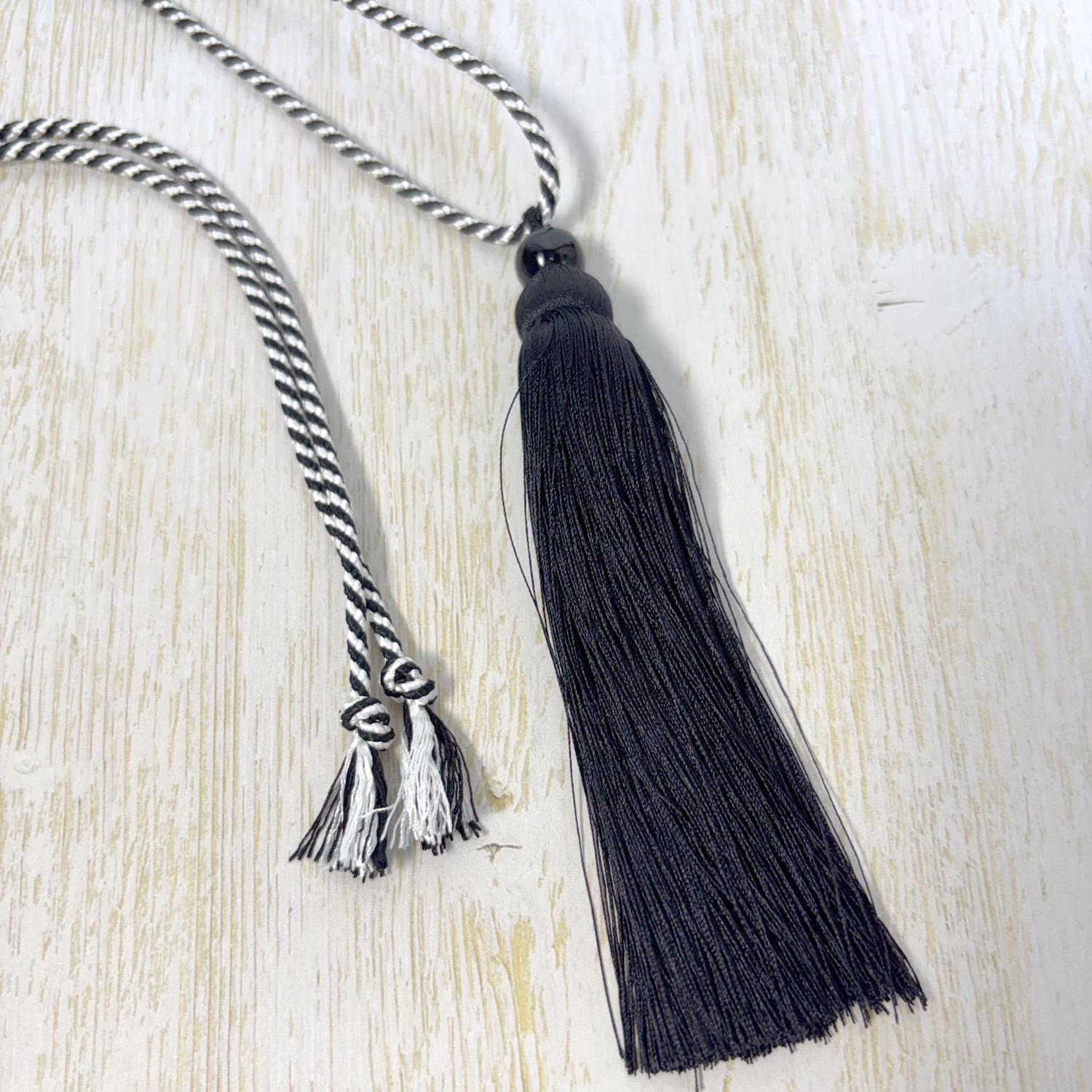 Black & White Silk Tassel Necklace with Onyx Bead – Adjustable Tie Back Kumihimo Necklace – Long Japanese Inspired Silk Jewelry - Image 2