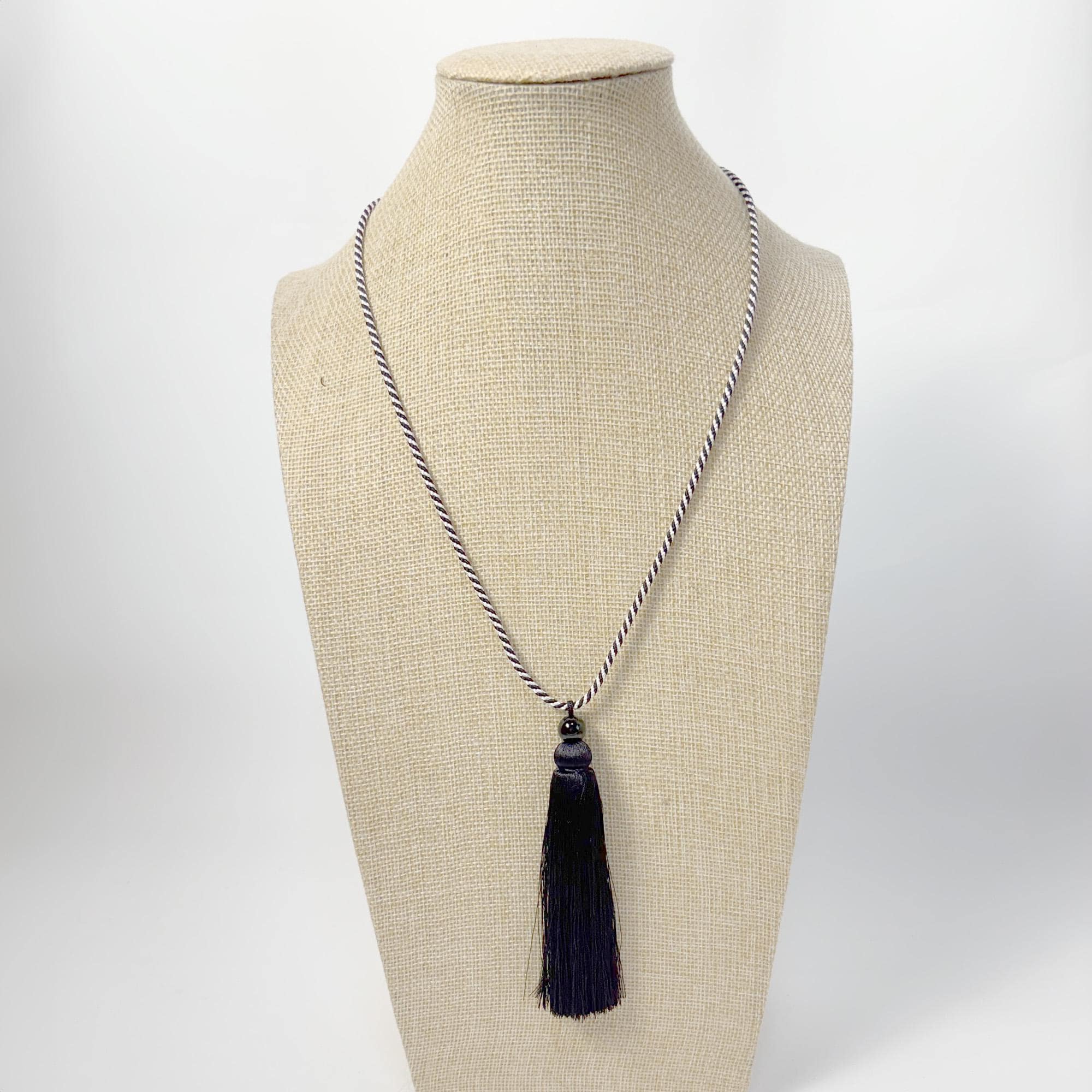 Black & White Silk Tassel Necklace with Onyx Bead – Adjustable Tie Back Kumihimo Necklace – Long Japanese Inspired Silk Jewelry - Image 6