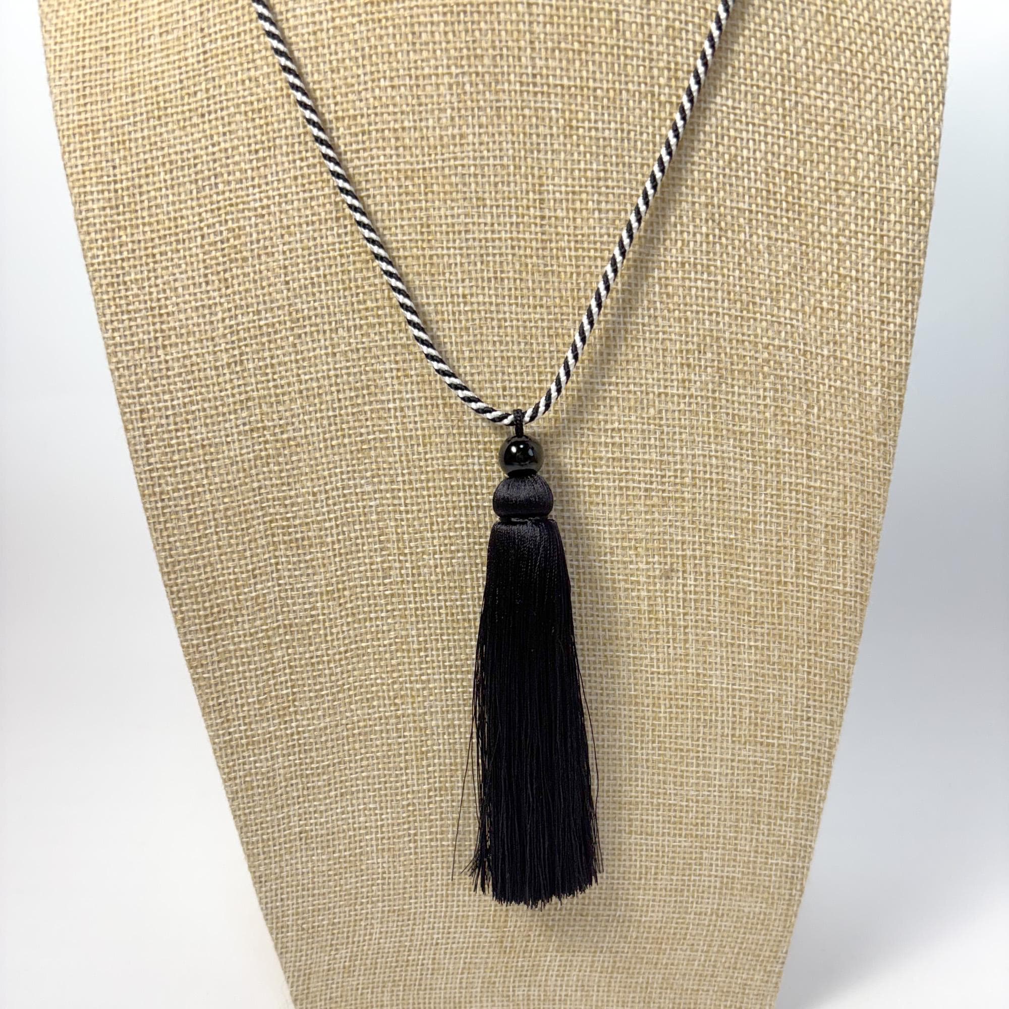 Black & White Silk Tassel Necklace with Onyx Bead – Adjustable Tie Back Kumihimo Necklace – Long Japanese Inspired Silk Jewelry - Image 5